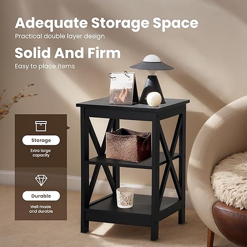 Miniatura 5 de PHI VILLA Mesa auxiliar negra, mesa auxiliar para sala de estar, juego de 2, mesita de nochemesita de noche