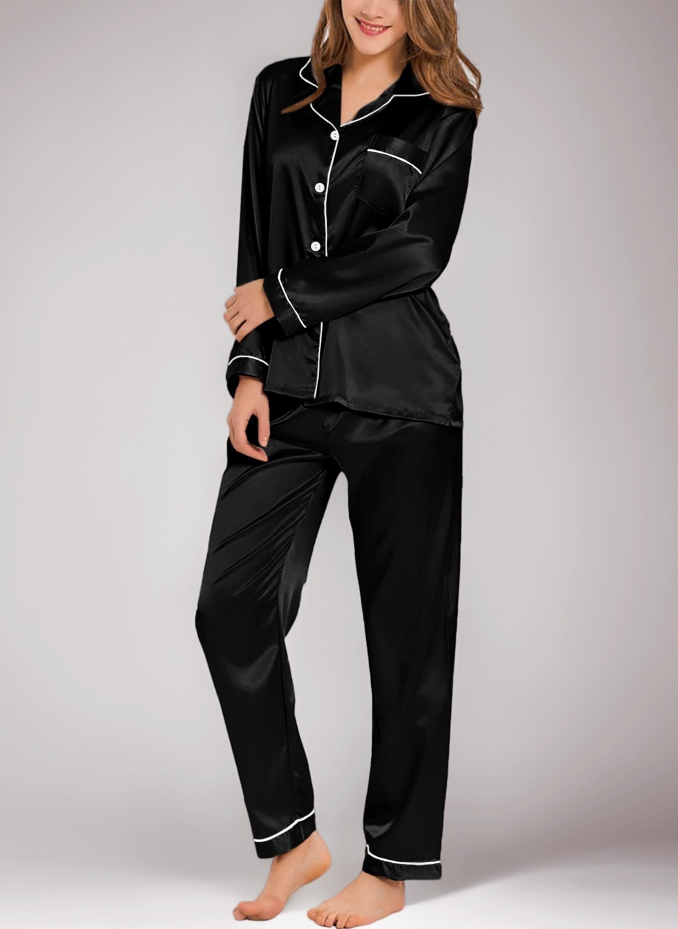 Women's Pyjama Set Silk Satin Long Sleeve Button Down Pyjamas Two Piece Comfy Sleepwear and Loungewear Set