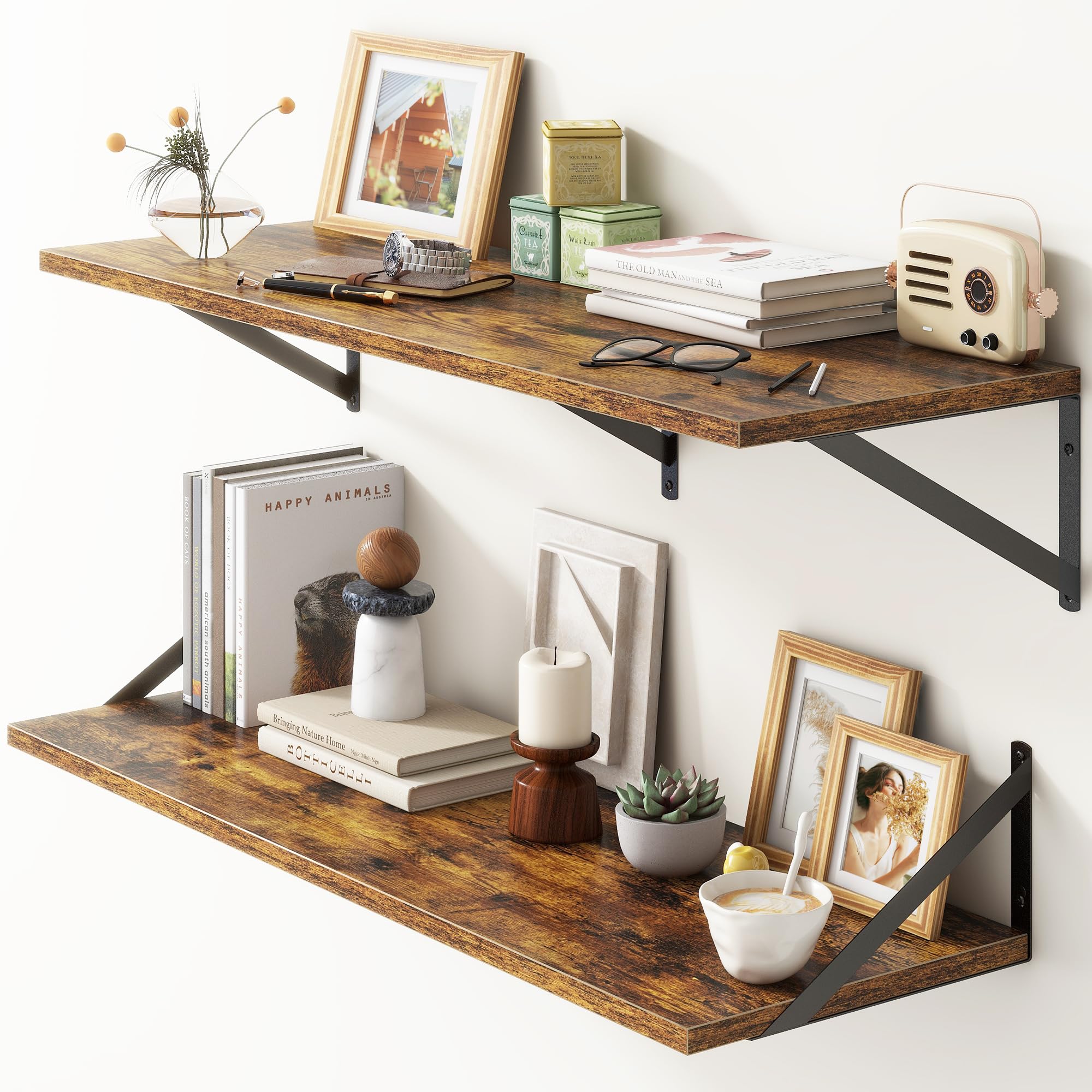 Fun Memories Floating Shelves for Wall Mounted Shelf, 30cm Deep Wall Shelf 1.5cm Thick, Rustic Wooden Shelves for Bedroom Kitchen Bathroom Office, 76cm Brown โ image 1