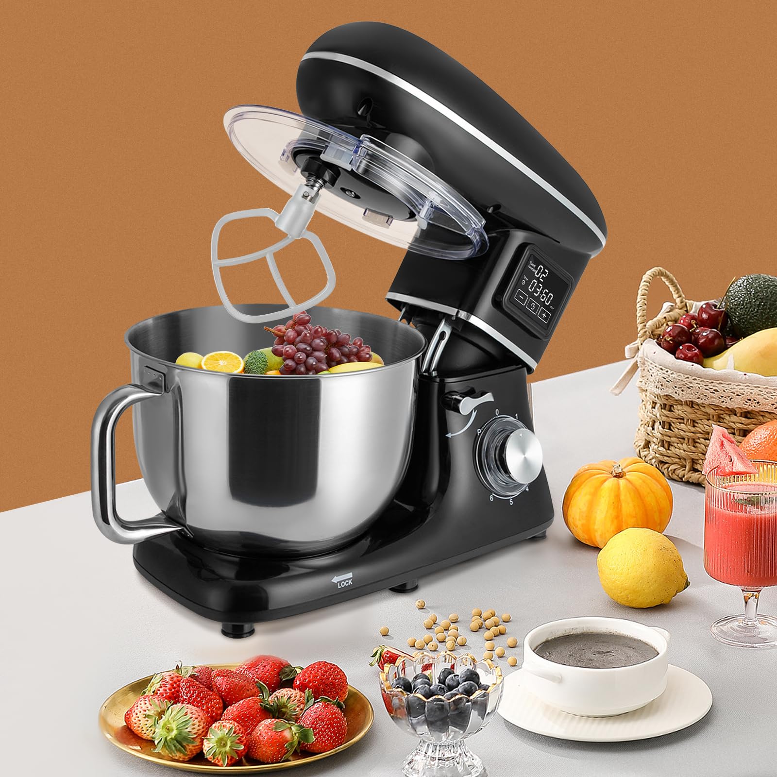 6.2L/6.5Qt Commercial Food Mixer, 1350W Rotating Bowl Dough Kneading Machine Adjustable Speed Electric Dough Kneading Machine for Bread Pizza Making Cream Eggs Whipping (Black)