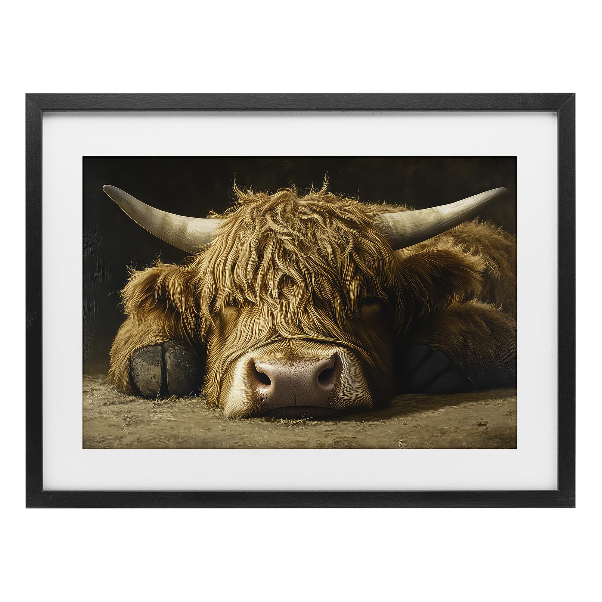 Stupell Industries 'Sleeping Highland Cow & Hoof', Framed Print Under Glass, Black, 23 x 17 Inches, Easy to Hang and Sturdy, Made in USA, by The Wands Want