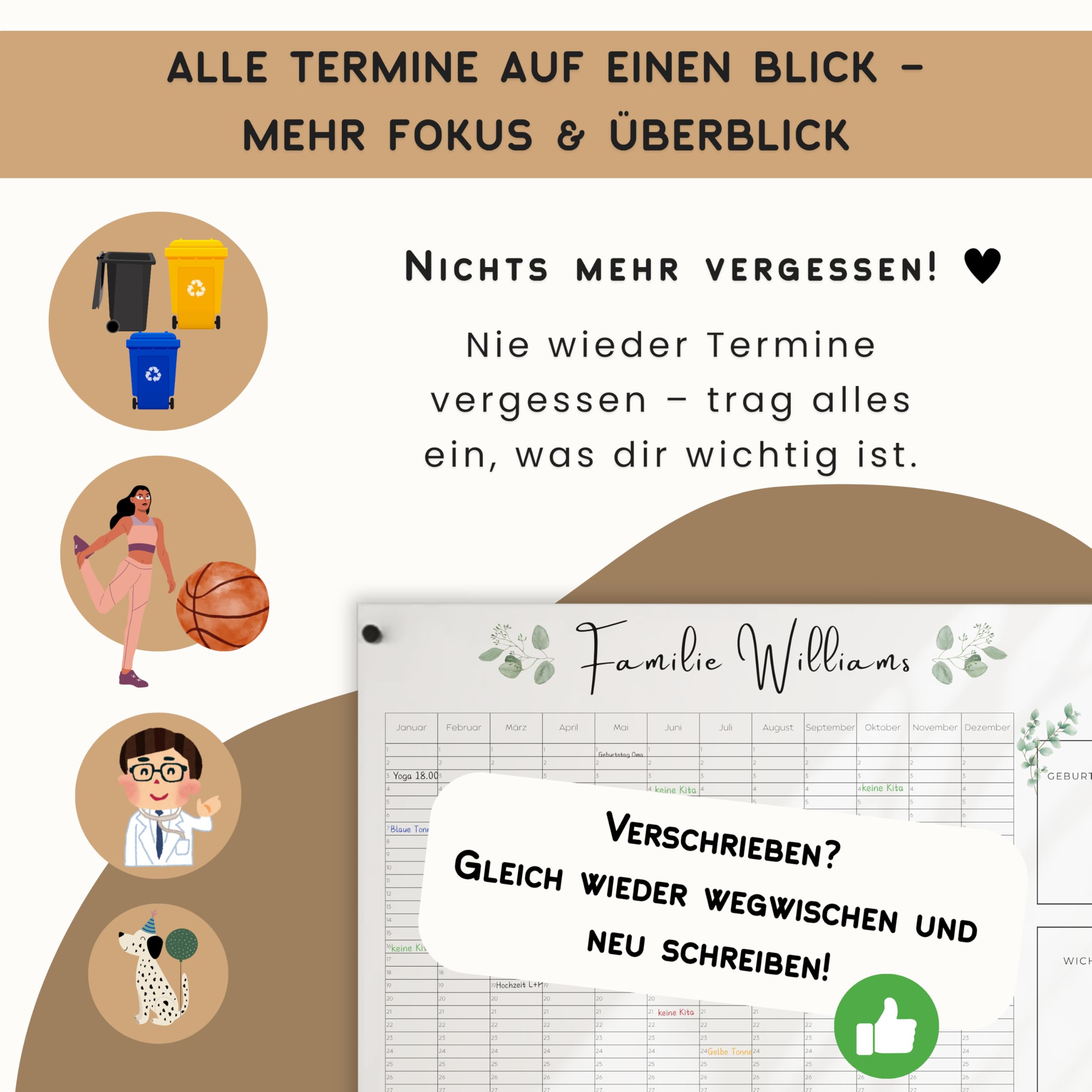 EmiliaLotte Personalisierter Familienplaner aus hochwertigem Acryl I Abwischbarer Wand Kalender für die ganze Familie I Wiederverwendbarer Jahresplaner mit Einkaufsliste, Menüplan & Mehr - Eukalyptus