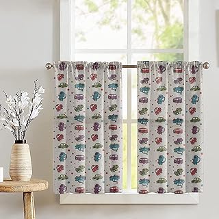 Zen Creative Designs Cars and Trucks Print Tier Window Valance 2 Piece Set Home DÃ©cor Bedroom Nursery Kitchen Window (White)