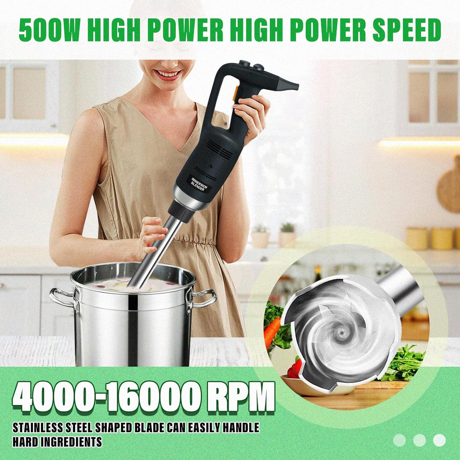 Licuadora de inmersión eléctrica de mano de 16 pulgadas 500 W con velocidad ajustable acero inoxidable grado alimenticio eje para cocina doméstica comercial 5