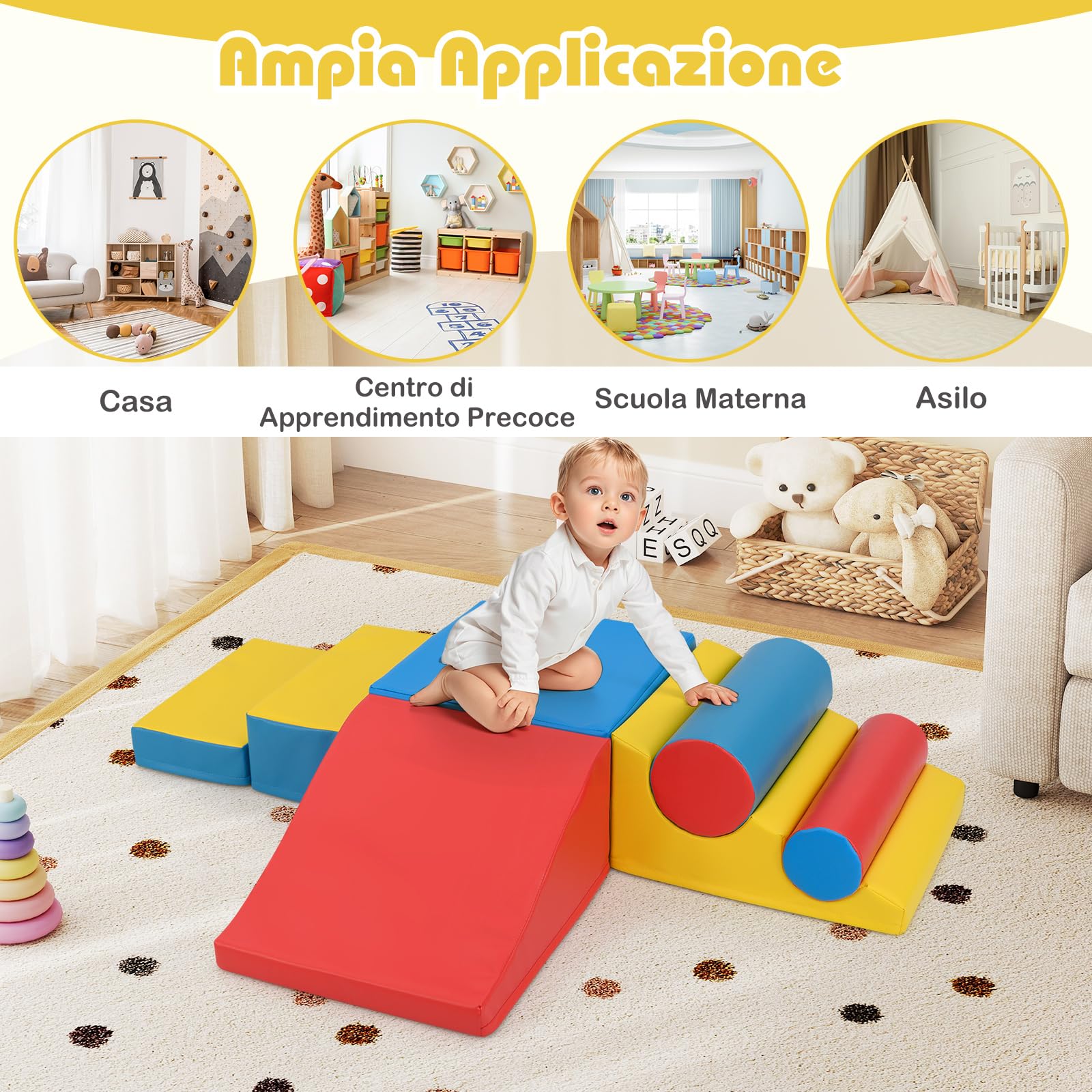 COSTWAY Set di Blocchi da Arrampicata in Schiuma per Bambini, Set di 7 Pezzi per Gioco Morbido con Chiusure a Strappo per Gattonare, Gioco Attivo, Sviluppo Motorio e Sensorialei