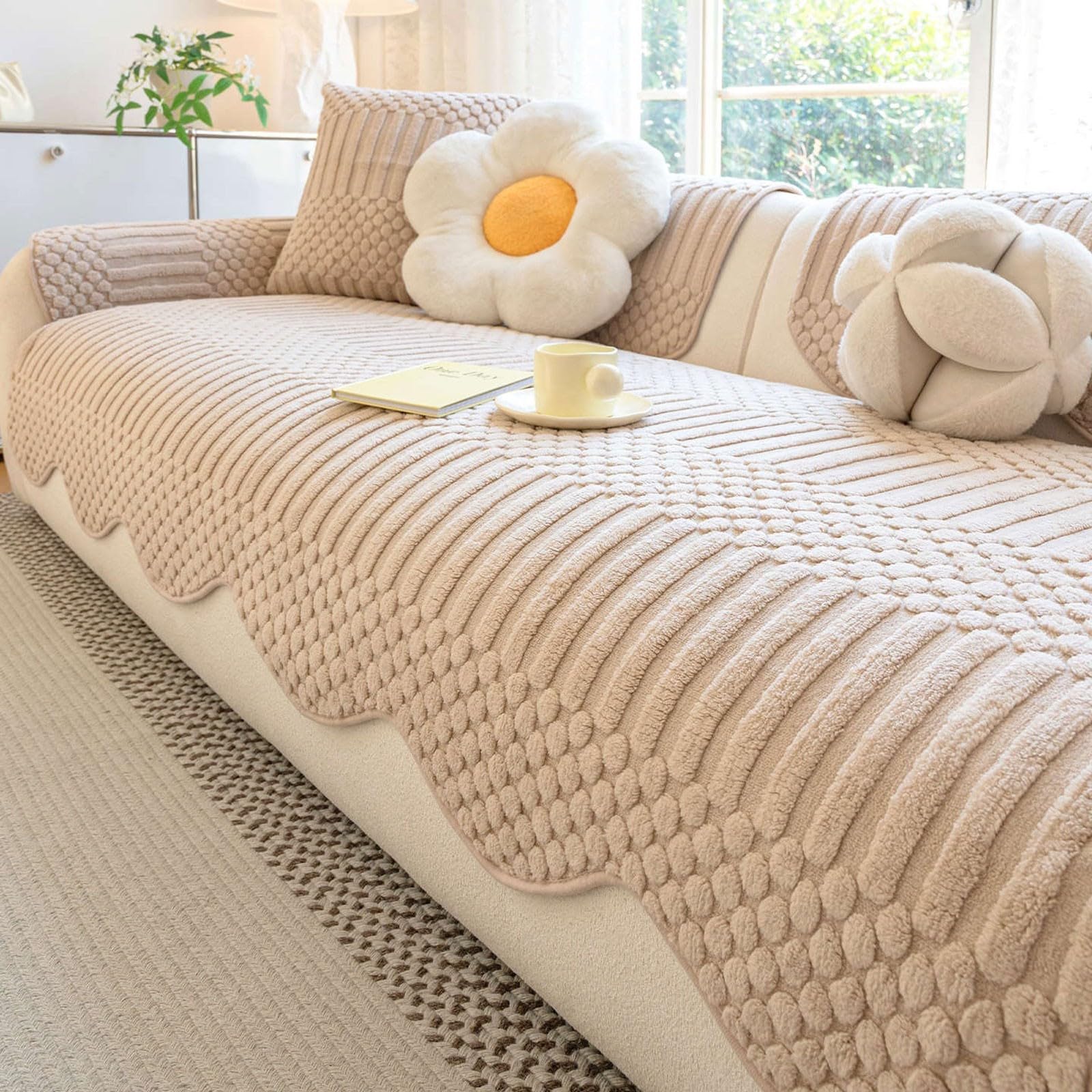 Soft Plush Sofa Covers 1 2 3 4 Seater Sofa Slipcovers Universal Non Slip Corner Sofa Cover Couch Cover L Shape Furniture Protector for Living Room(Khaki,90 * 210cm)
