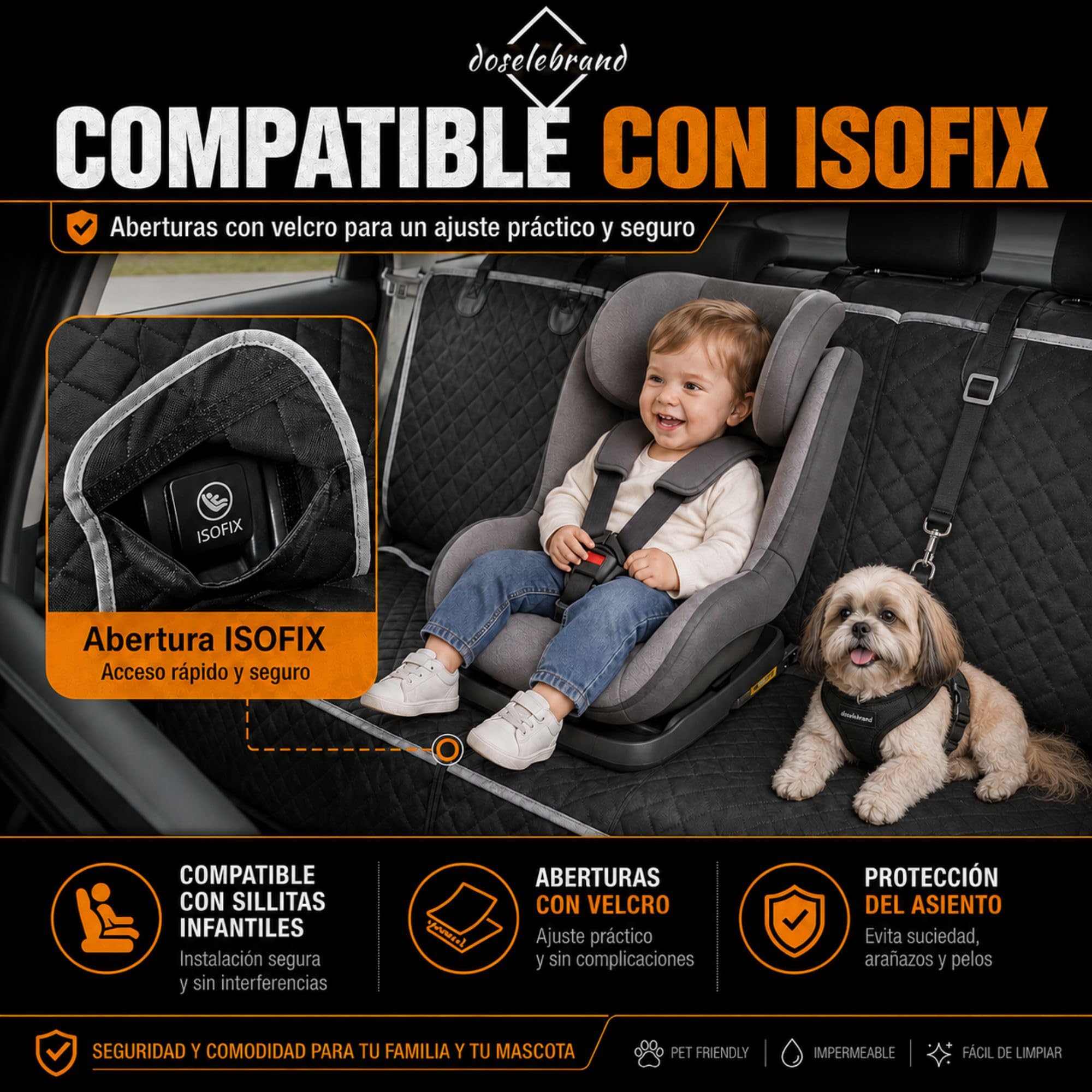 Pack Funda Coche Perro + Arnés + 2 Rollos Quitapelos + Bolsa | Impermeable│ Antideslizante │ Ventana y Bolsillos │ Evita Pelos - Barro - Arañazos │ Universal - Asiento Trasero - Maletero