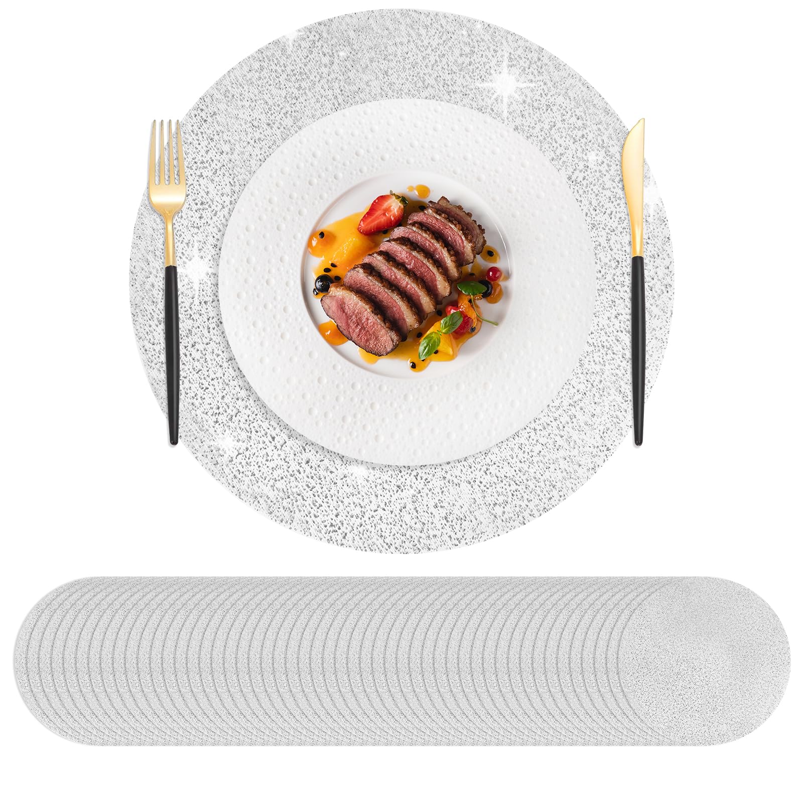 Hysenm Set di 50 tovagliette usa e getta argento, ultrasottile 33 cm rotonde in rete pressata, tovagliette usa e getta per la decorazione della casa, tavolo da pranzo, matrimoni, feste di compleanno