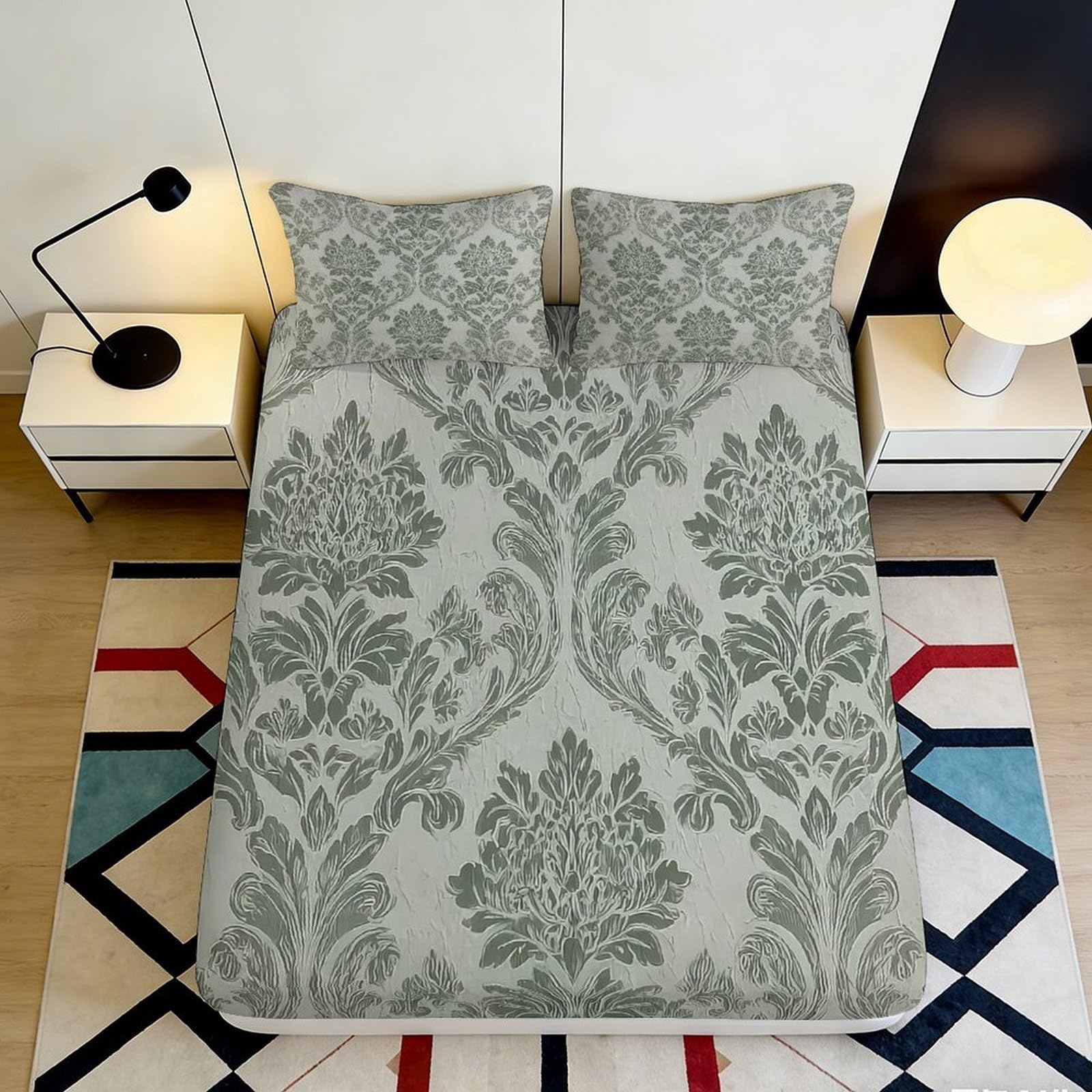 3D Printed Damask Fitted Sheet Microfiber Soft Breathable Floral Pattern Bed Cover for Bedroom Dormitory Guest Room Mattress Protection Decor 180x200x25cm