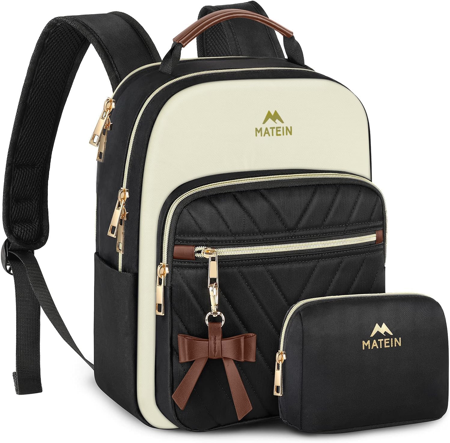 Mini Backpack Purse for Women, Fashion Small Purse Backpack, Waterproof Casual Daily Cute Shoulder Bag Ladies Handbags for Travel Work College, 2pcs Sets, Black-Beige