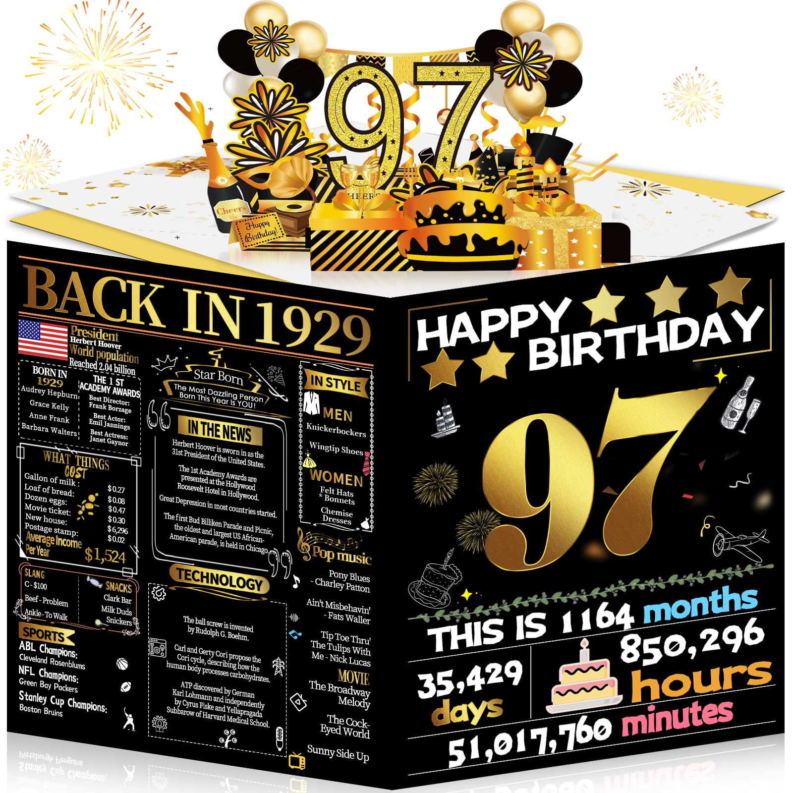 Joycard 97th Birthday Card for Women Men, 3D Pop Up Happy Birthday Gift for Grandpa Grandma, Funny 97 Year Old Birthday Decorations for Mother Dad, Back in 1929 Laser Gold Retro Theme