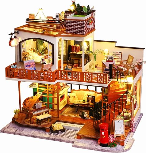 Roroom Kit de casa de muñecas en miniatura y muebles, modelo de casa de muñecas de madera 3D con cubierta a prueba de polvo y movimiento musical,