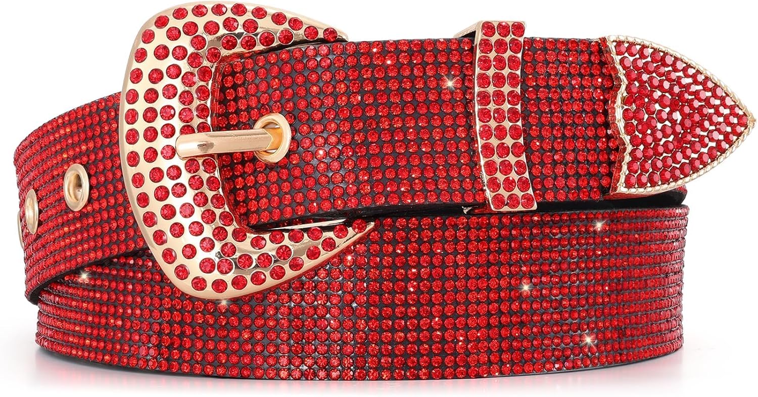 WHIPPY Rhinestones Leather Belts for Women Disco Bling Studded Belt for Jeans Pants Western Cowgirl Shiny Waist Belt