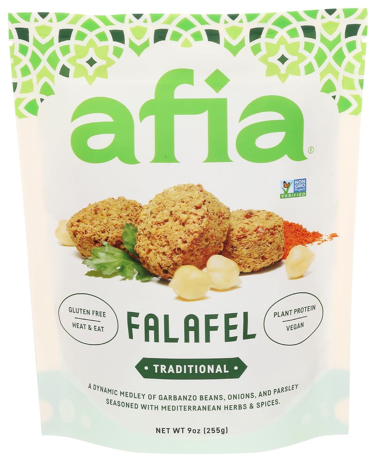 Afia Traditional Falafel 9oz - Frozen Vegan Gluten-Free Chickpea Patties, Oven Air Fryer Ready, Non-GMO