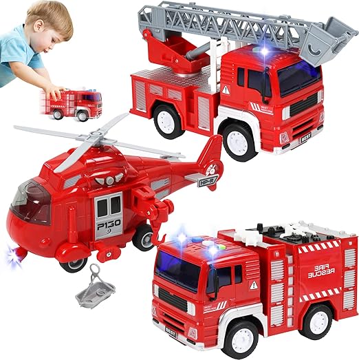 Fire Truck 3 Pack Friction Powered Fire Rescue Vehicle Car Set with Lights and Sounds Including Helicopter, Firefighter and Fire Engine Toys for Boys Toddlers