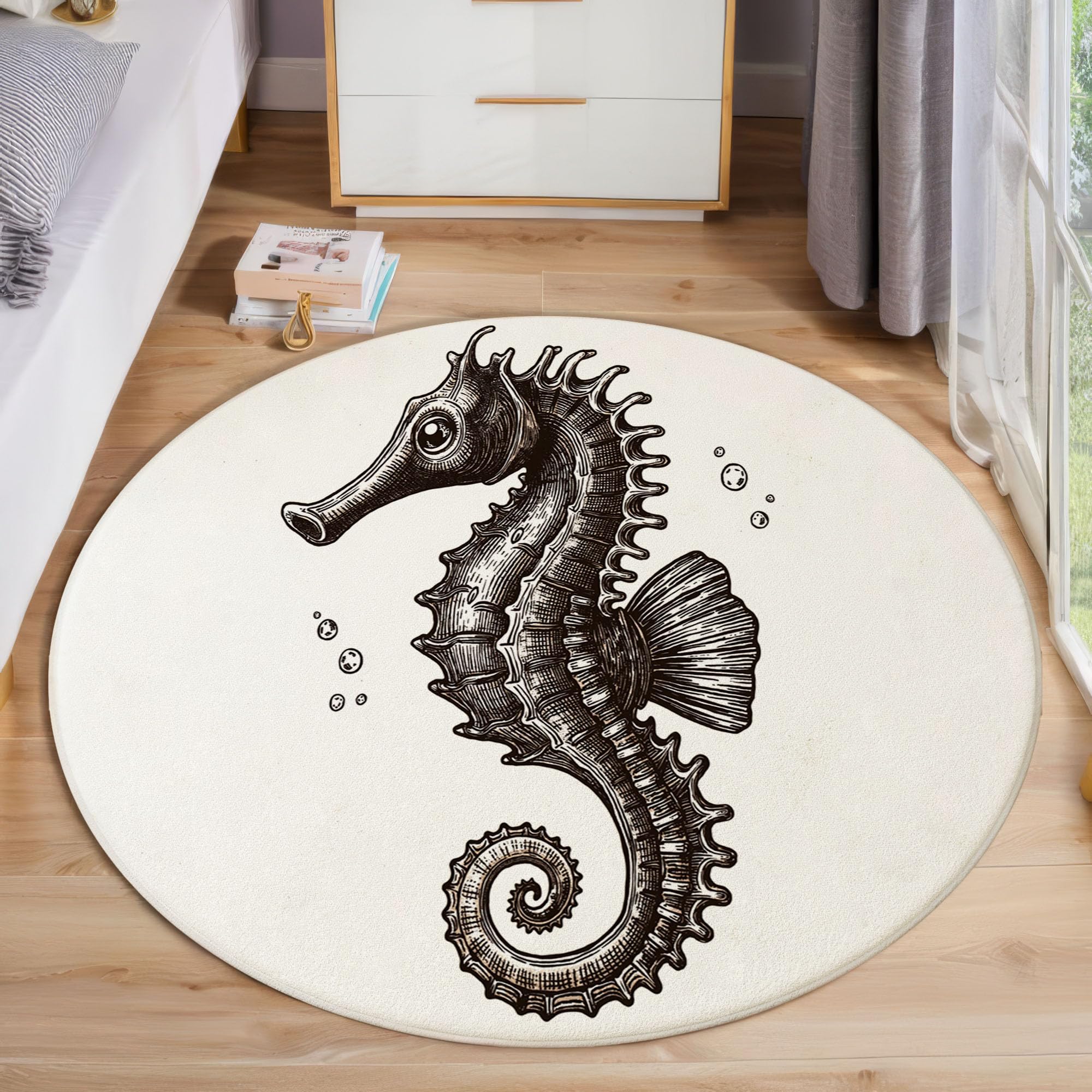 Lignes : Hippocampe Tapis Rond 120cm, Animal Marin Tapis De Sol Décoration Doux Antidérapant pour Chambre à Coucher Balcon Errasse Salle à Manger Intérieur, Blanc