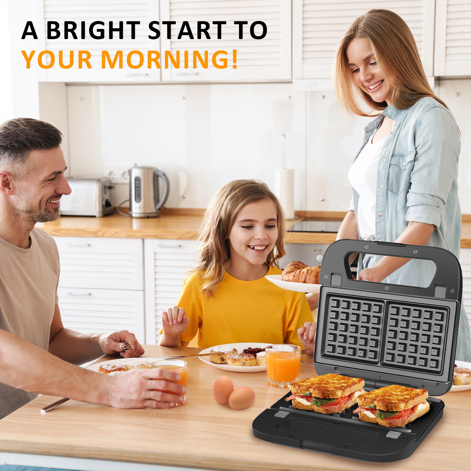 3 in 1 Electric Sandwich Maker, Panini Press Grill and Waffle Iron Set, Grill and Sandwich Press with Removable Non-Stick Plates, Indicator Lights & Cool Touch Handle, 750W, Black