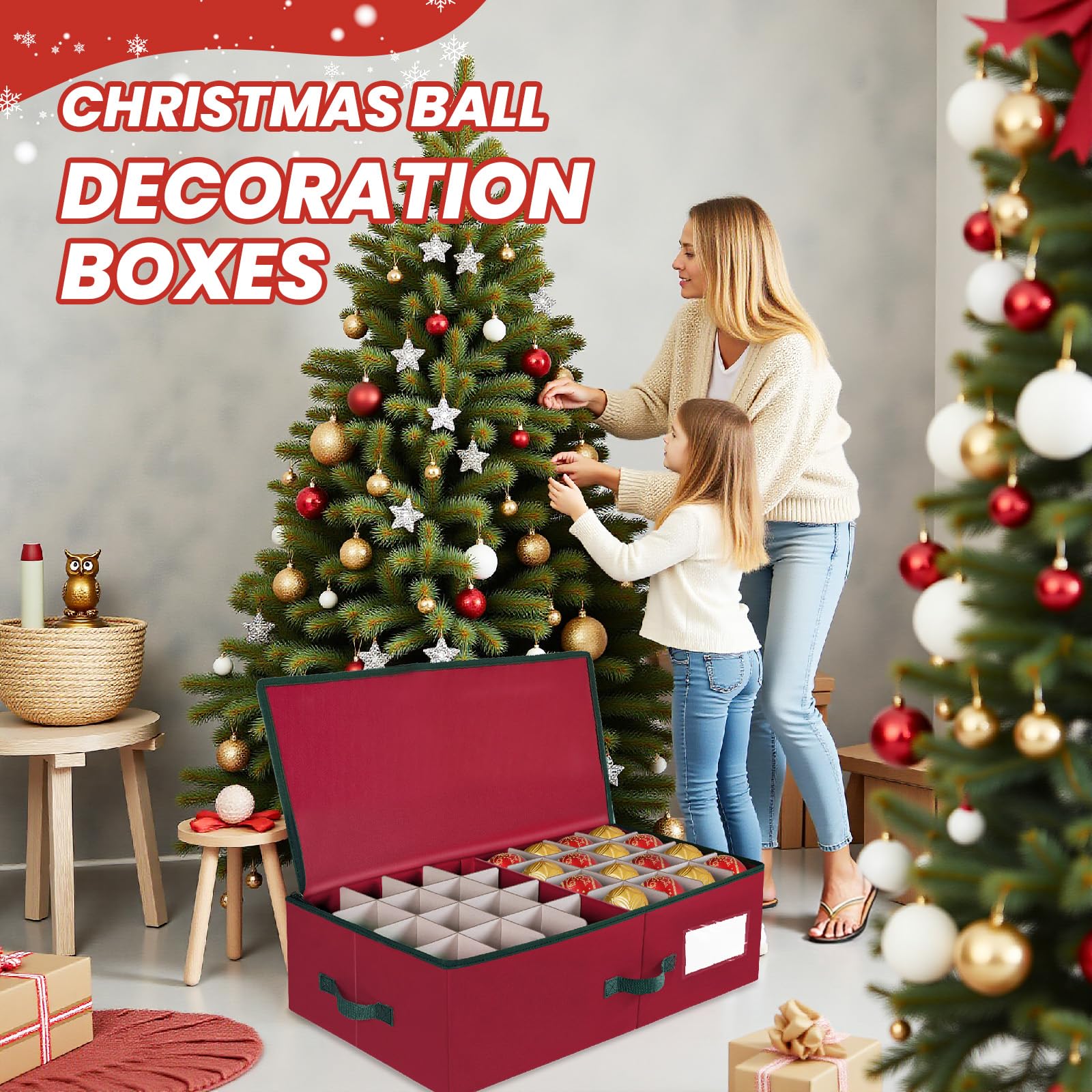 BlessedSeason Scatola portaoggetti per ornamenti natalizi con divisori regolabili, 2 contenitori impilabili per palline (36 pezzi da 10,2 cm e 64 pezzi da 7,6 cm), doppia cerniera, manici, slot visivo