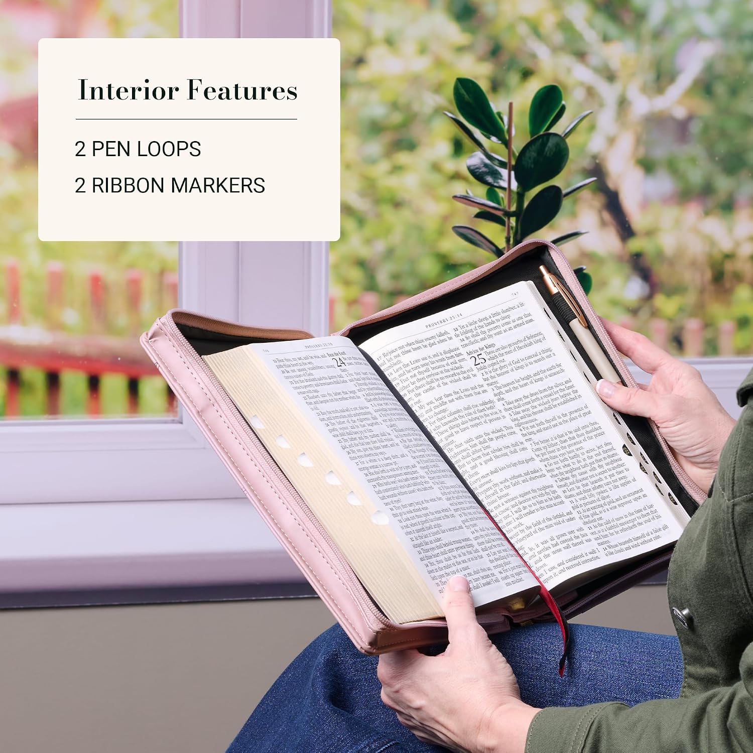 Condition photo showing New/Like New for christian art gifts premium fashion vegan leather bible cover for women: be joyful inspirational bible verse, easy carry book case, dusty mauve, large
