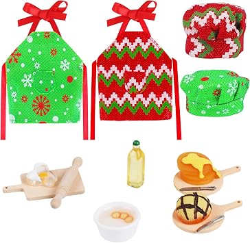 DIYASY Christmas Mini Elf Outfit Accessories, Elf Baker Clothes Kit Xmas Doll Props Set Apron Hats Rolling Pin Egg Cookie Tray Mixing Bowl Xmas DIY Craft Gift for Kids