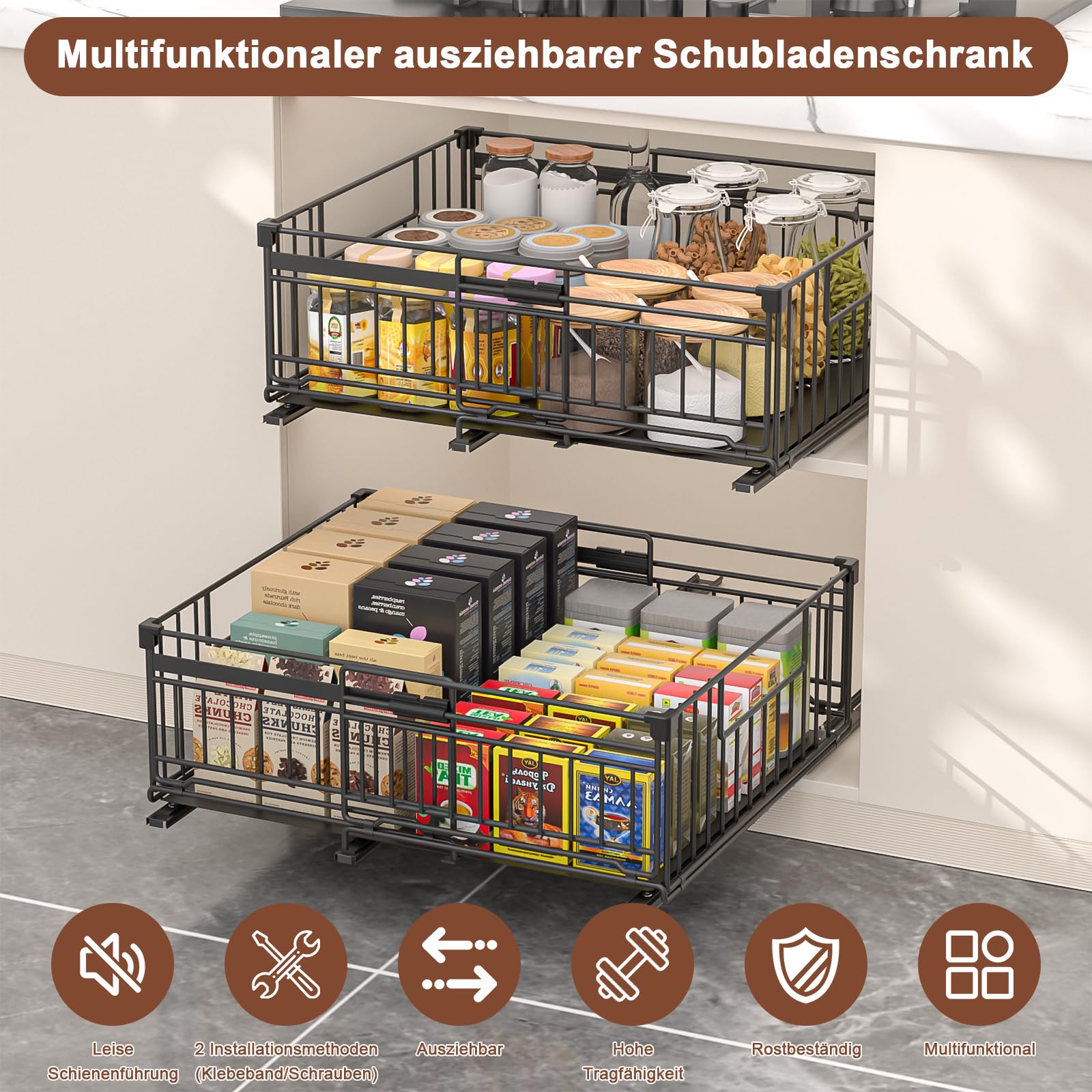 2 Stück teleskopschublade ausziehbare schublade küche mit Kleber,Ausziehbarer Schrank Organizer mit Schienensystem,32.5-50cm Verstellbare Breite teleskopschublade,Schwarz