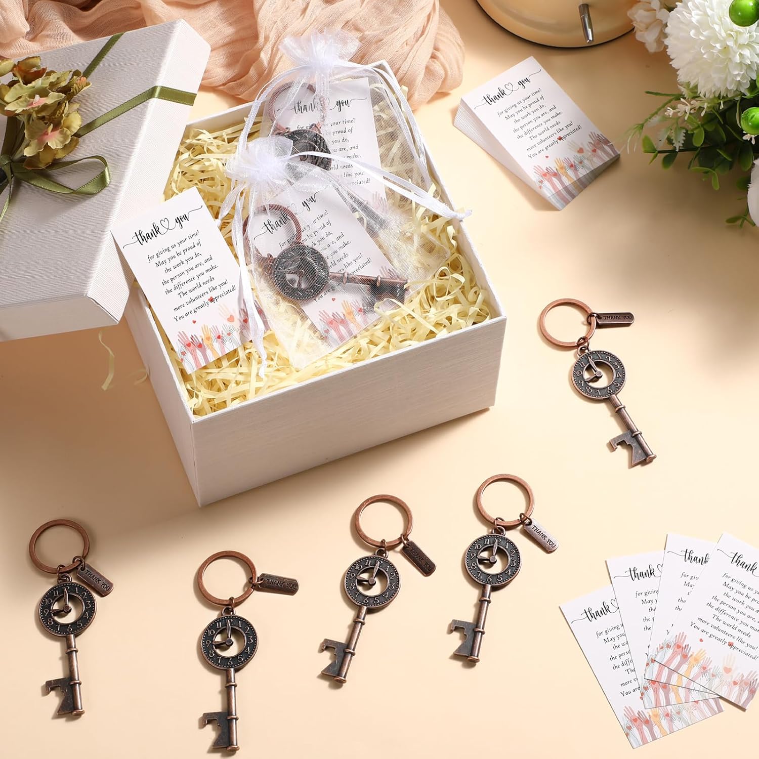Tondiamo 50 Sets Volunteer Appreciation Gifts Thank You for Giving Us Your Time Clock Bottle Openers Keychains with Thank You Cards and Bags for Volunteer Social Worker Employees Teacher (Bronze)