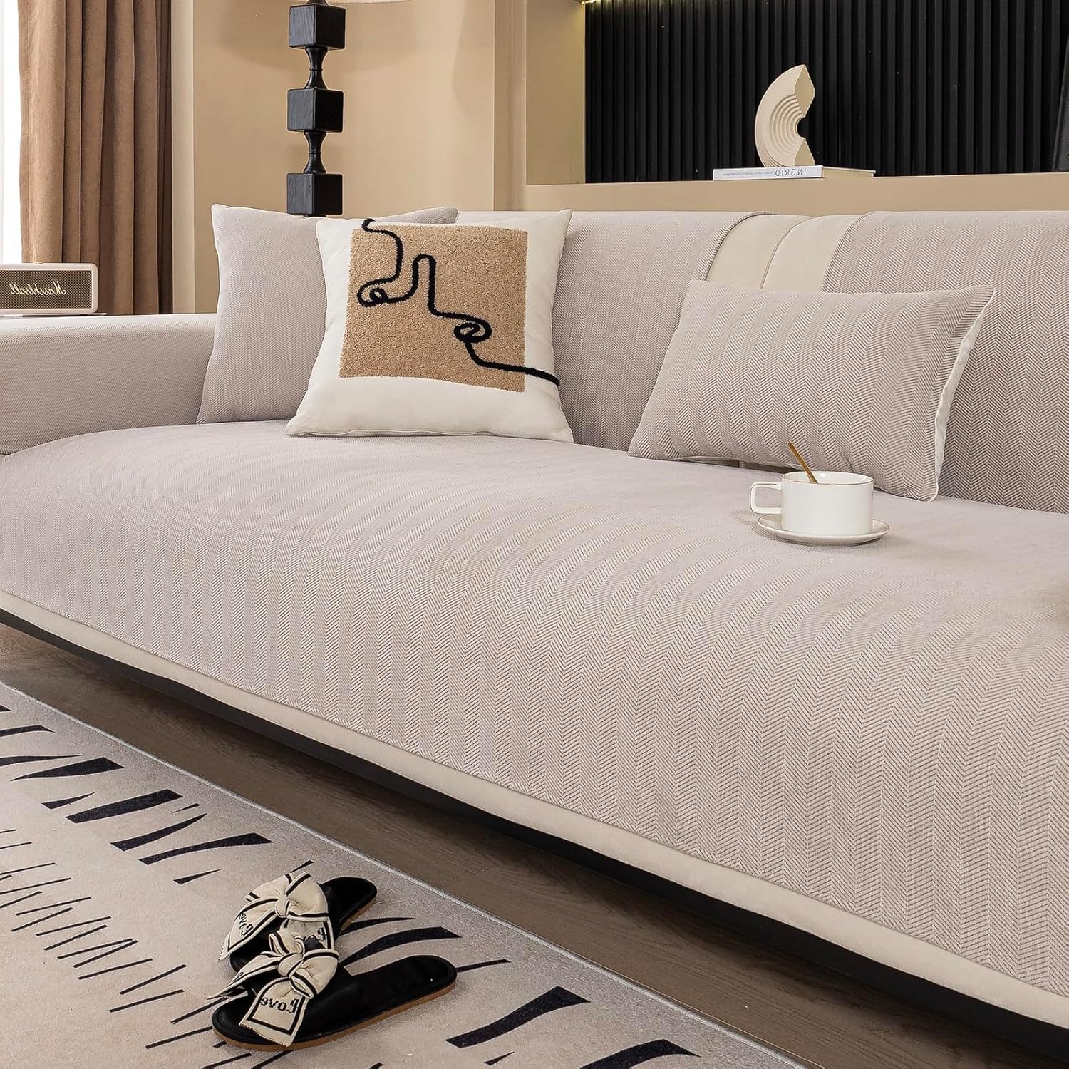 Chenille Sofa Couch Cover, Herringbone Sofa Covers Washable for Dogs, Funny Fuzz Couch Slipcover for Sectional Sofa, Non Slip Protector for L Shaped(Beige Brown, 36"x 63")