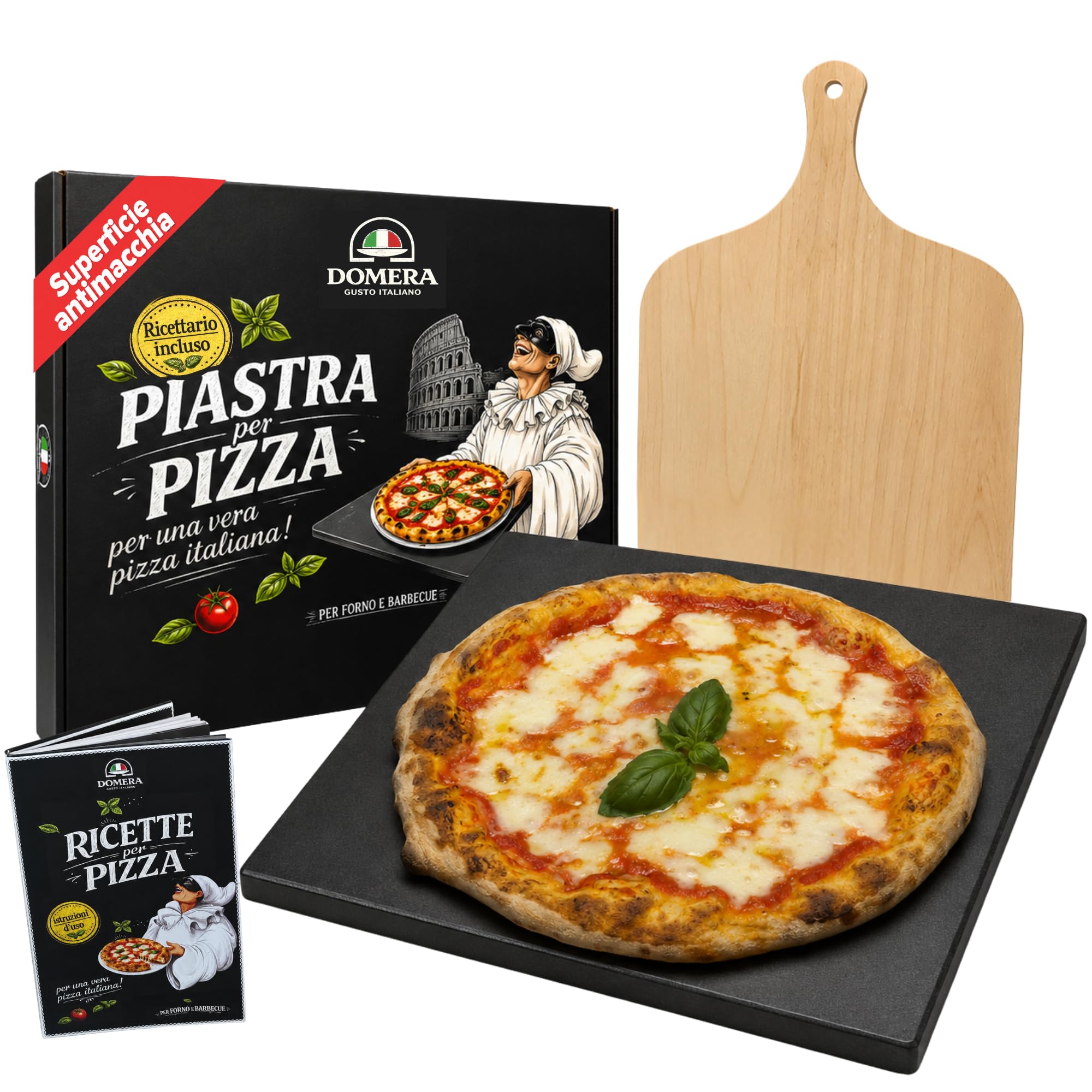 Domera - Pietra Refrattaria per Pizza - Antiaderente - Pietra Refrattaria per Barbecue in Cordierite + Pala in Legno Per Pizza Carne Pesce e Verdure Fino a 900° - 38x30 cm