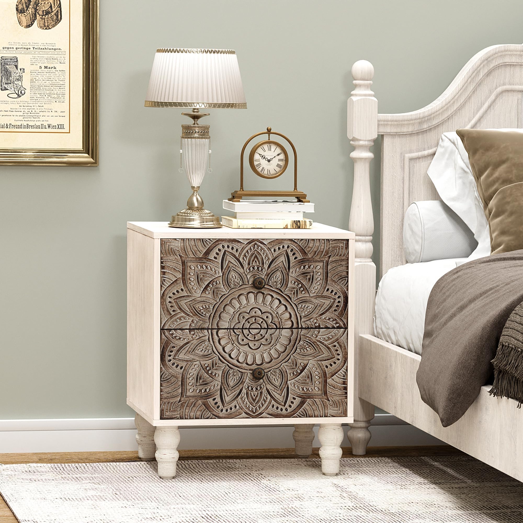 COSIEST Vintage Nightstand, 18" Wide Wood Small Bed Side Table with 2 Drawers, Accent Bedside Table, Bedroom Furniture for Home, Office (Lotus Pattern)