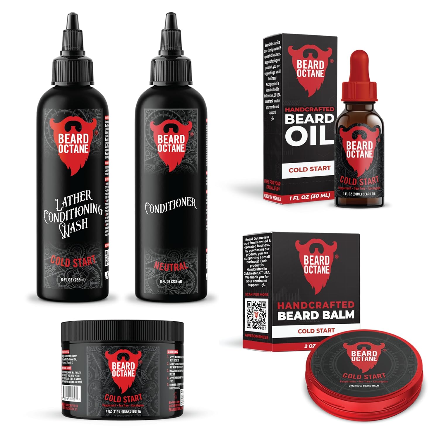 Beard Octane Total Beard Grooming Kit – Wash, Conditioner, Oil & Butter – Natural Beard Care with Jojoba (Cold Start – Peppermint, Tea Tree & Eucalyptus)