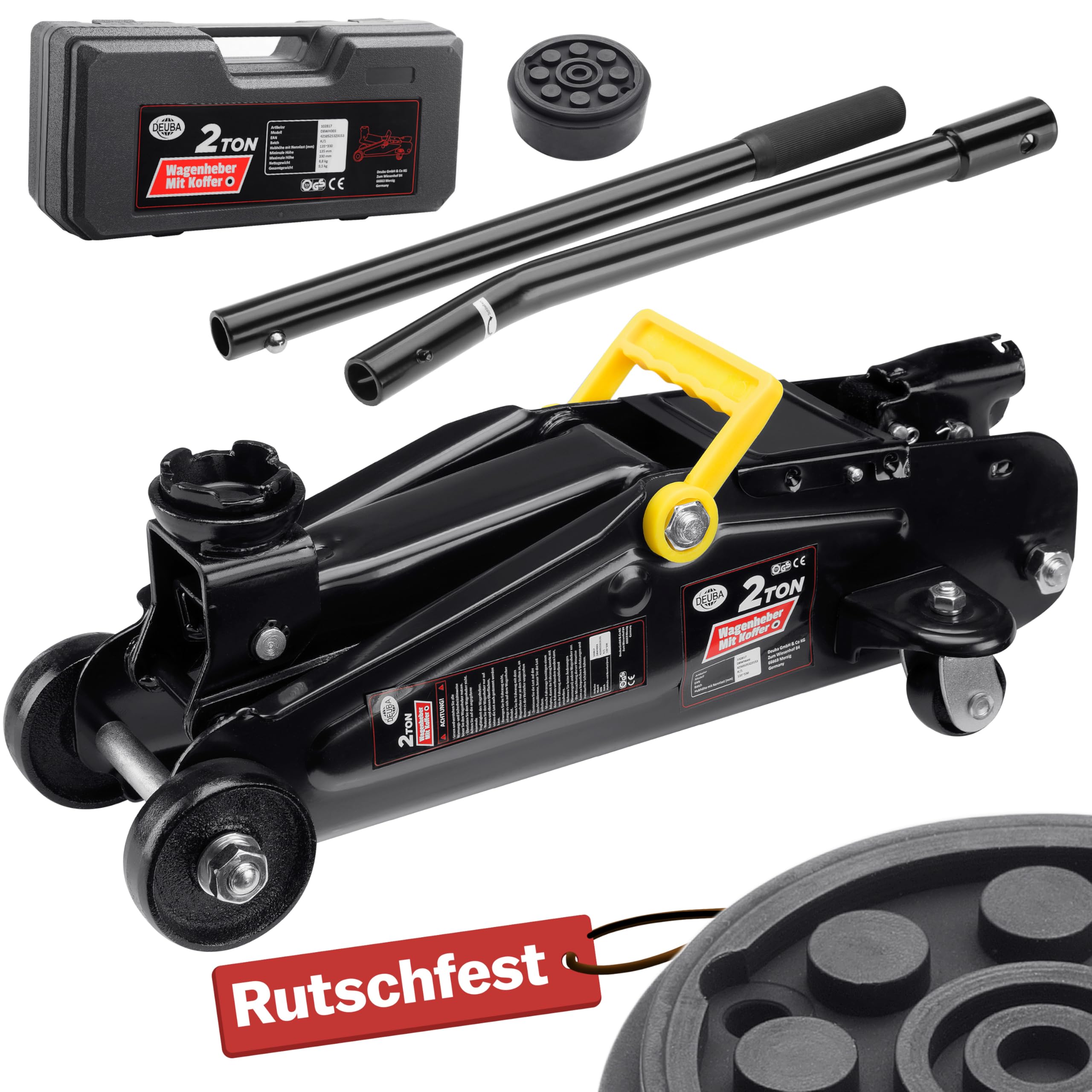 Deuba Cric idraulico per Auto max. 2t Sollevamento max. di 330mm Martinetto Officina con Custodia
