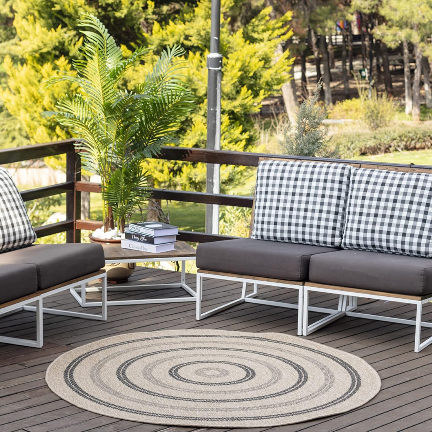 Surya Indoor Outdoor Rug – Durable Round Area Rugs Living Room, Kitchen, Garden, Patio – Natural, Scandi Rugs, UV Weather and Stain Resistant – Porto Large Circle Rug 160cm, Beige, Black, Grey Rug