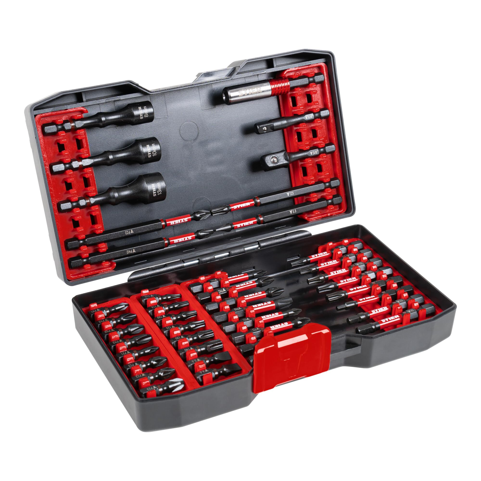 Jeu d'embouts de vissage à torsion STIER pour visseuse sans fil, 42 pièces, porte-embouts magnétique puissant, interchangeable, adaptateurs et clés à douille, coffret de transport de qualité