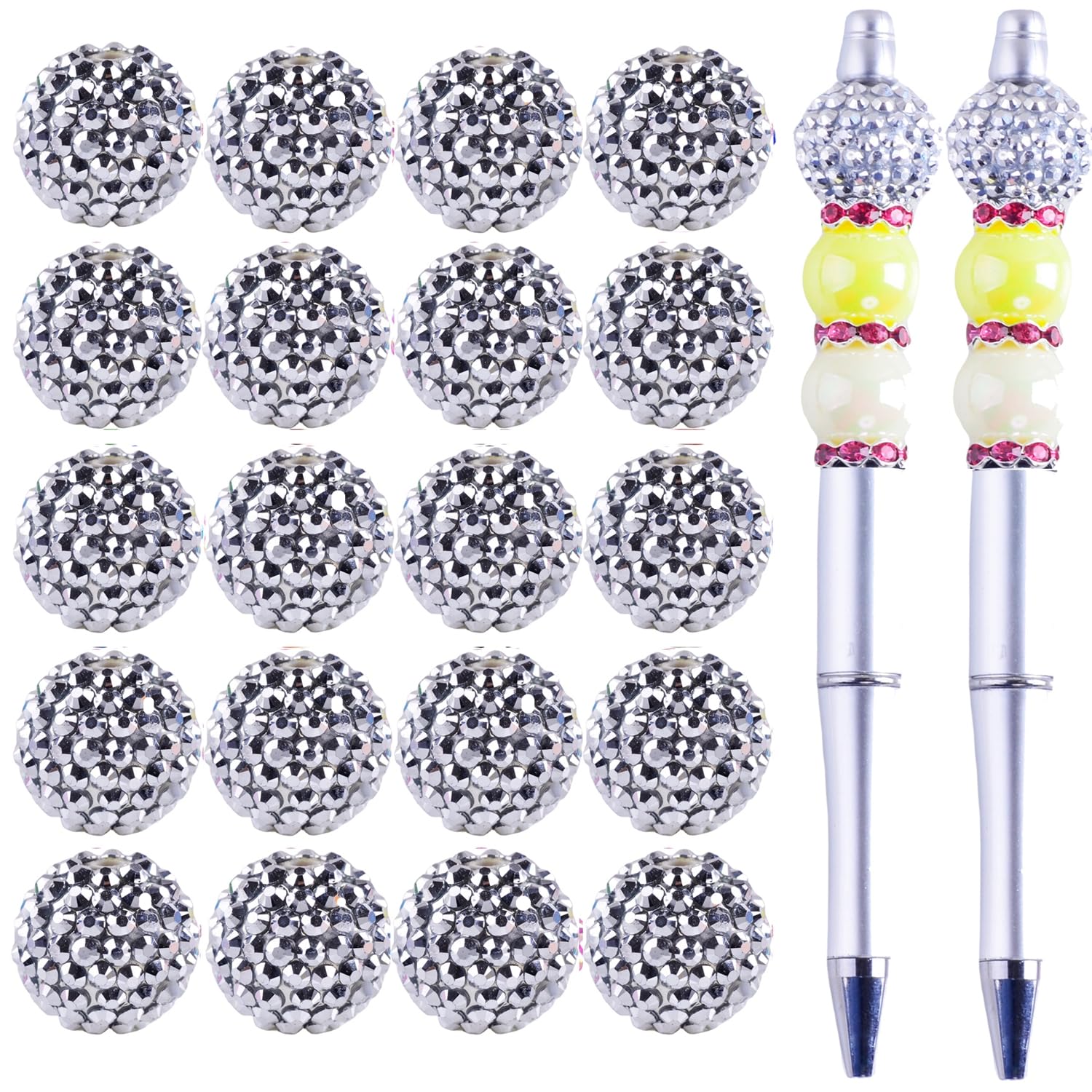 eswala Beads for Pens,20mm Rhinestone Beads 20pcs Chunky Bubblegum Beads,Large Spacer Beads for Beaded Pens,Resin Bubble Disco Beadable Pens Sparkle