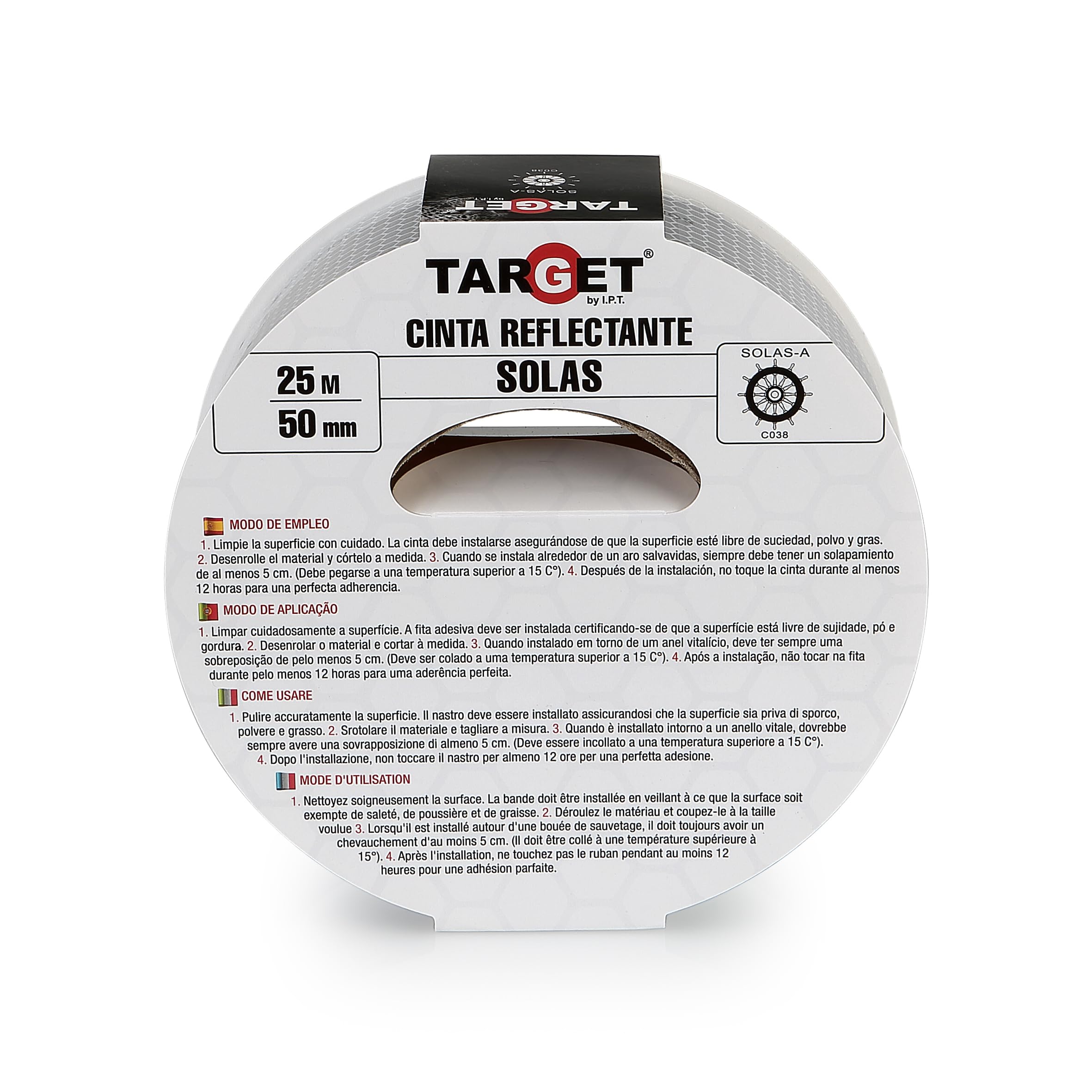 TARGET CRB2550B - Nastro riflettente SOLAS - 25 metri x 50 millimetri - Barche - Imbarcazioni - Sicurezza marittima - Omologata - Adesiva - Segnalazione - Alta Visibilità - Segnalazione