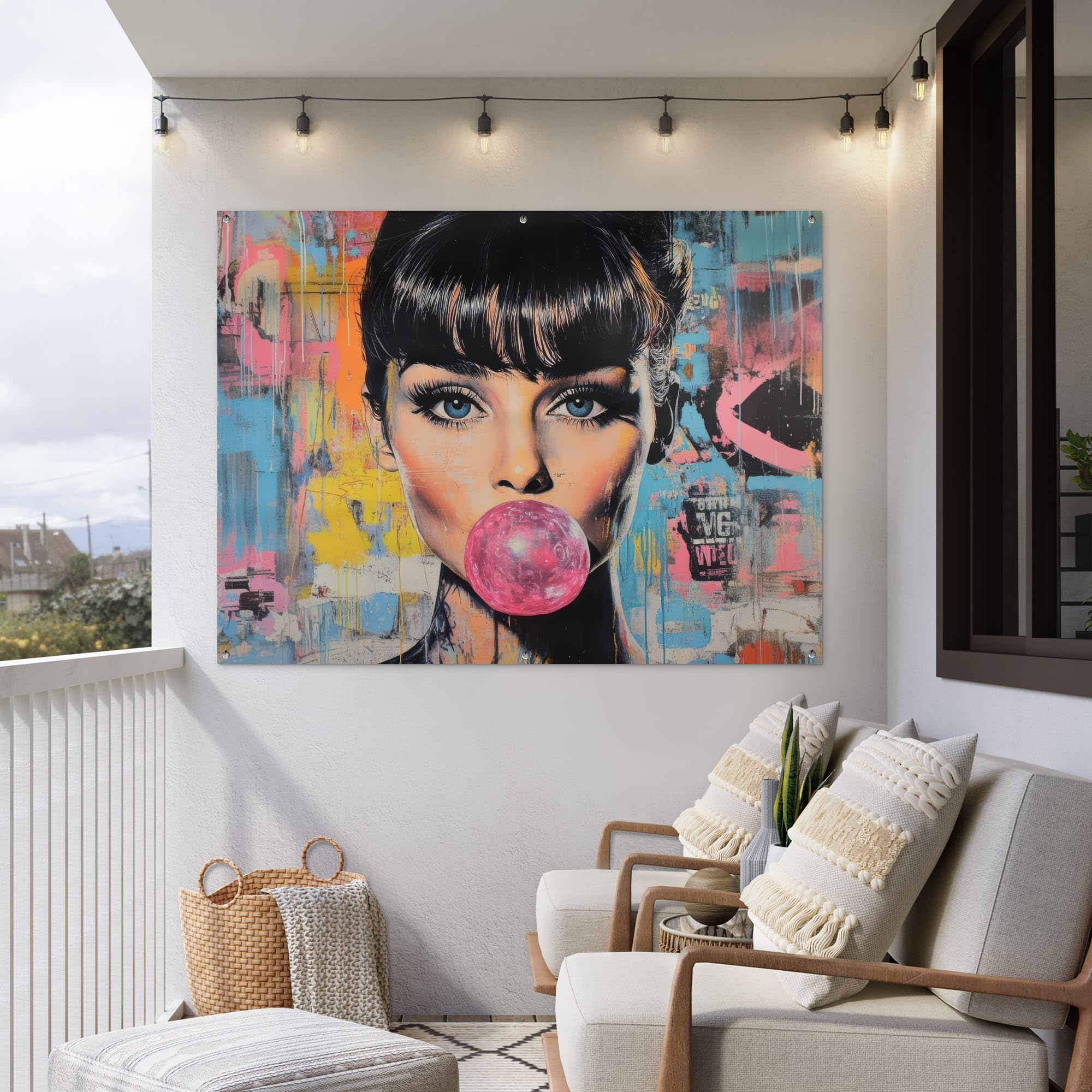 MuchoWow© Gartenposter Outdoor Bilder Gartendeko für draußen Wetterfest | 160x120 cm - Garten Deko Terrasendeko Banner Draußen Bild Dekoration Kaugummi - Frau - Pinselstriche - Modern