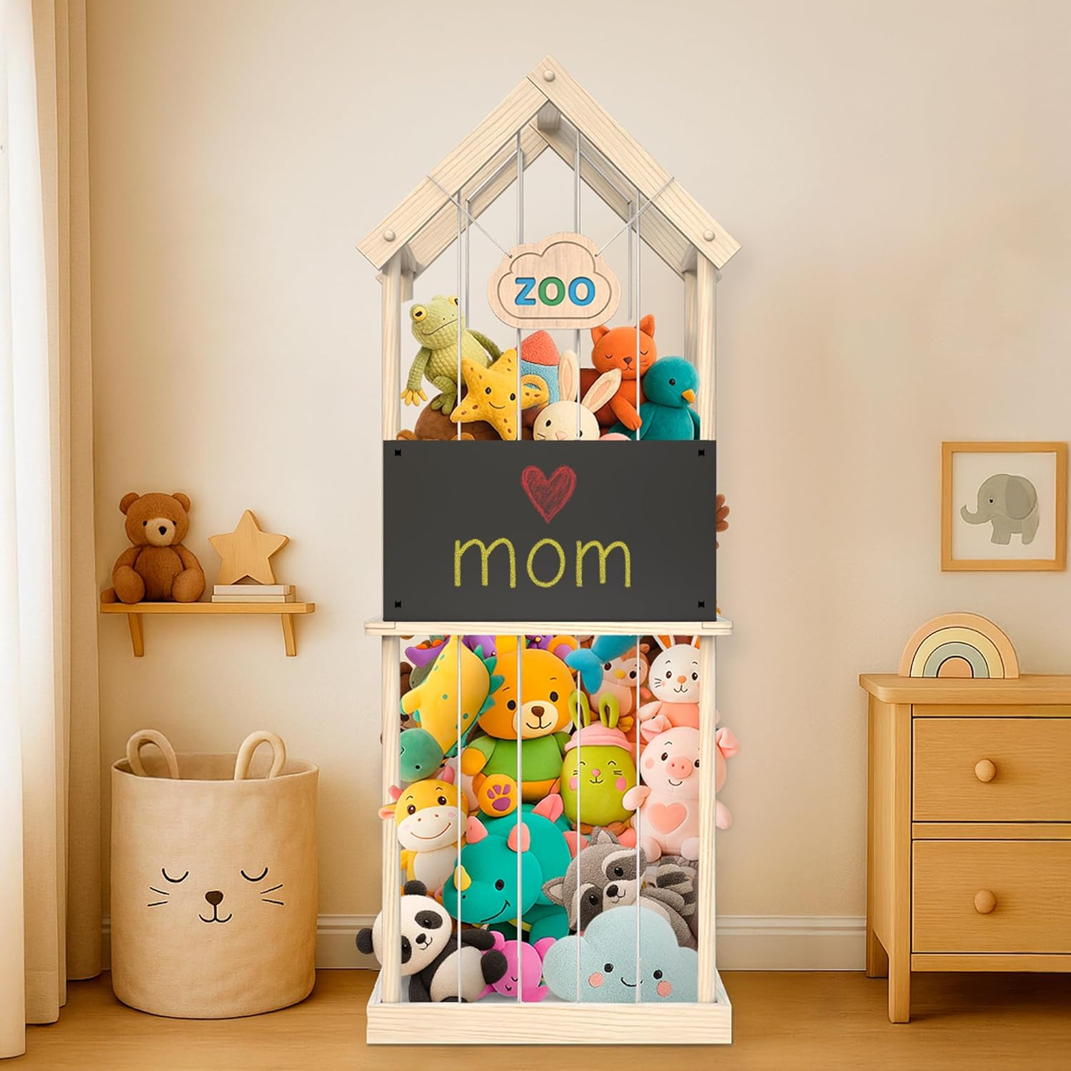 stuffed animal storage zoo – large wooden plush toy organizer for kids, vertical toy storage with detachable chalkboard, tool-free assembly, anti-tip strap