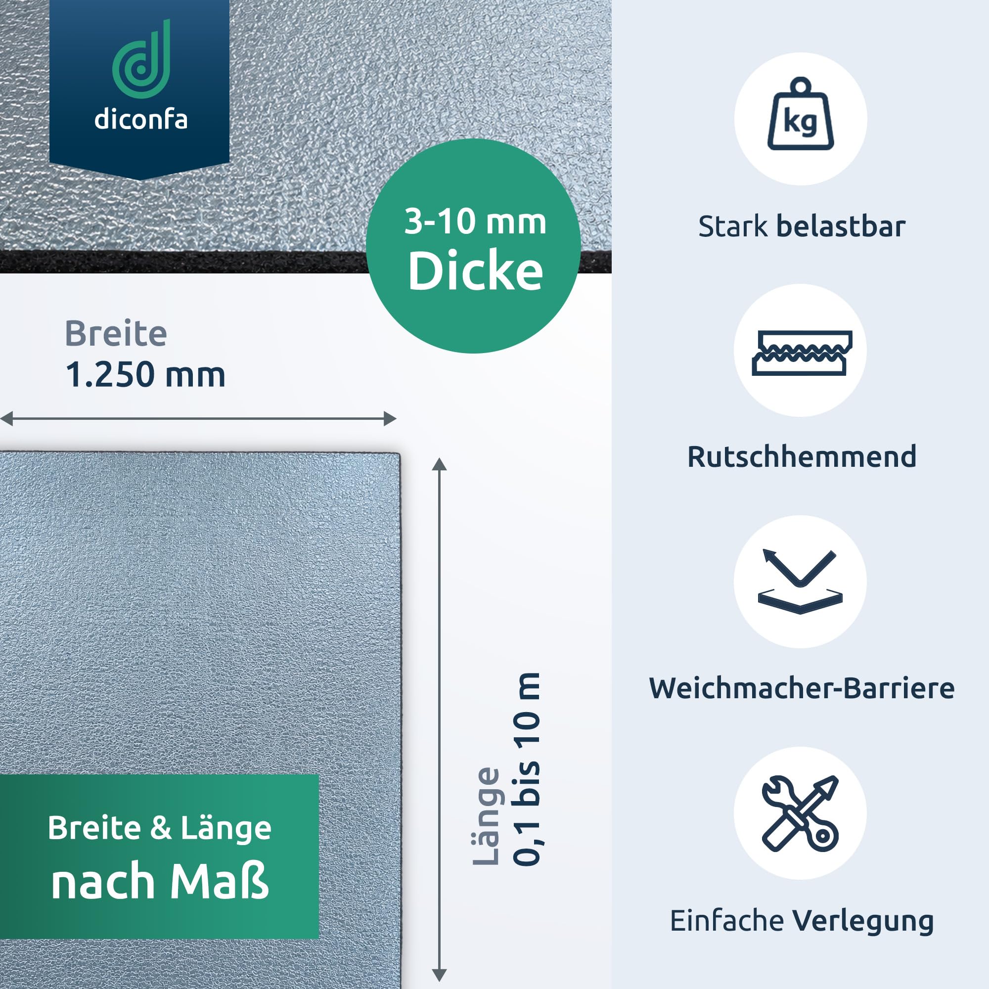 diconfa Bautenschutzmatte ALU KASCHIERT 1000mm 100cm 1m BREIT - Dicke: 3 bis 10mm LÄNGE: 0,05 bis 10m - 1,6m 160cm lang, 6mm stark - Gummimatte Aluminium beschichtet Gummigranulat Gummiregenerat