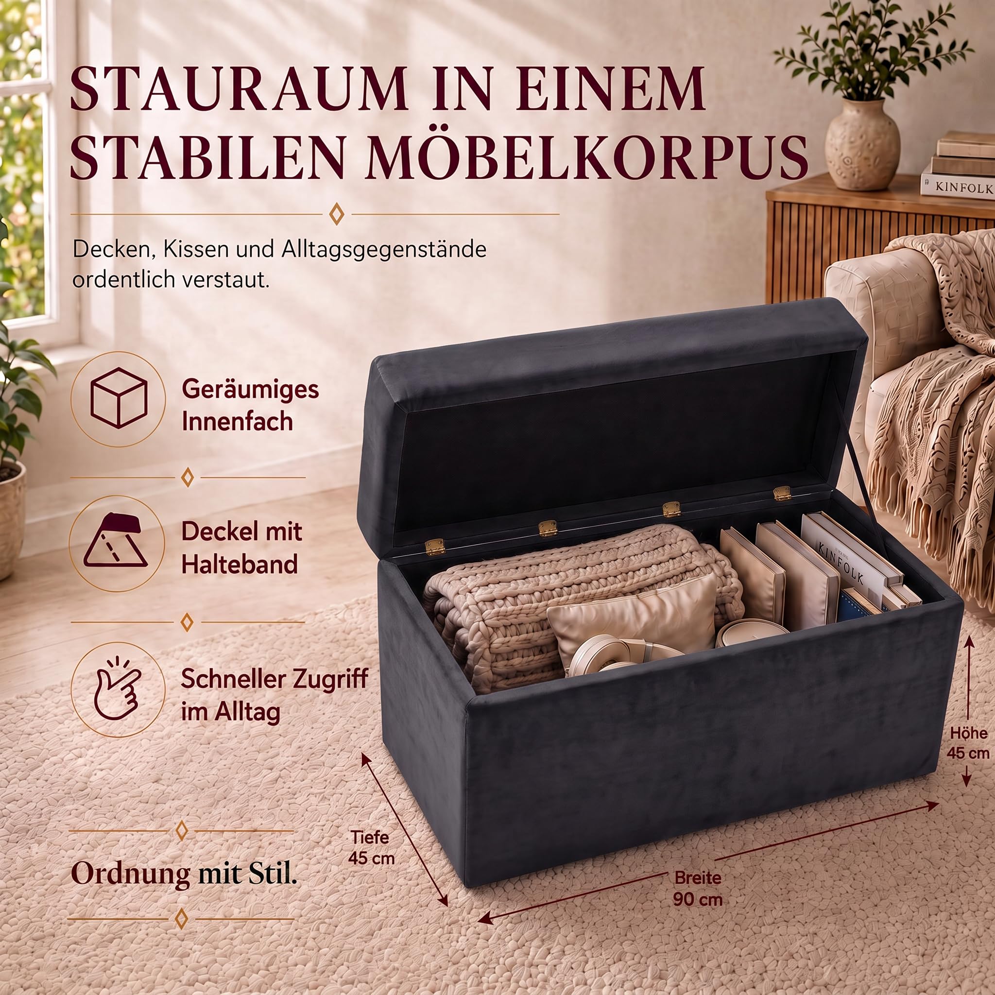 VELORA H&L Sitzbank mit Stauraum 45 x 90 cm Graphit – Samt Sitzbank mit Aufbewahrungsfach, belastbar bis 300 kg, gepolsterte Bank für Flur, Schlafzimmer und Wohnzimmer