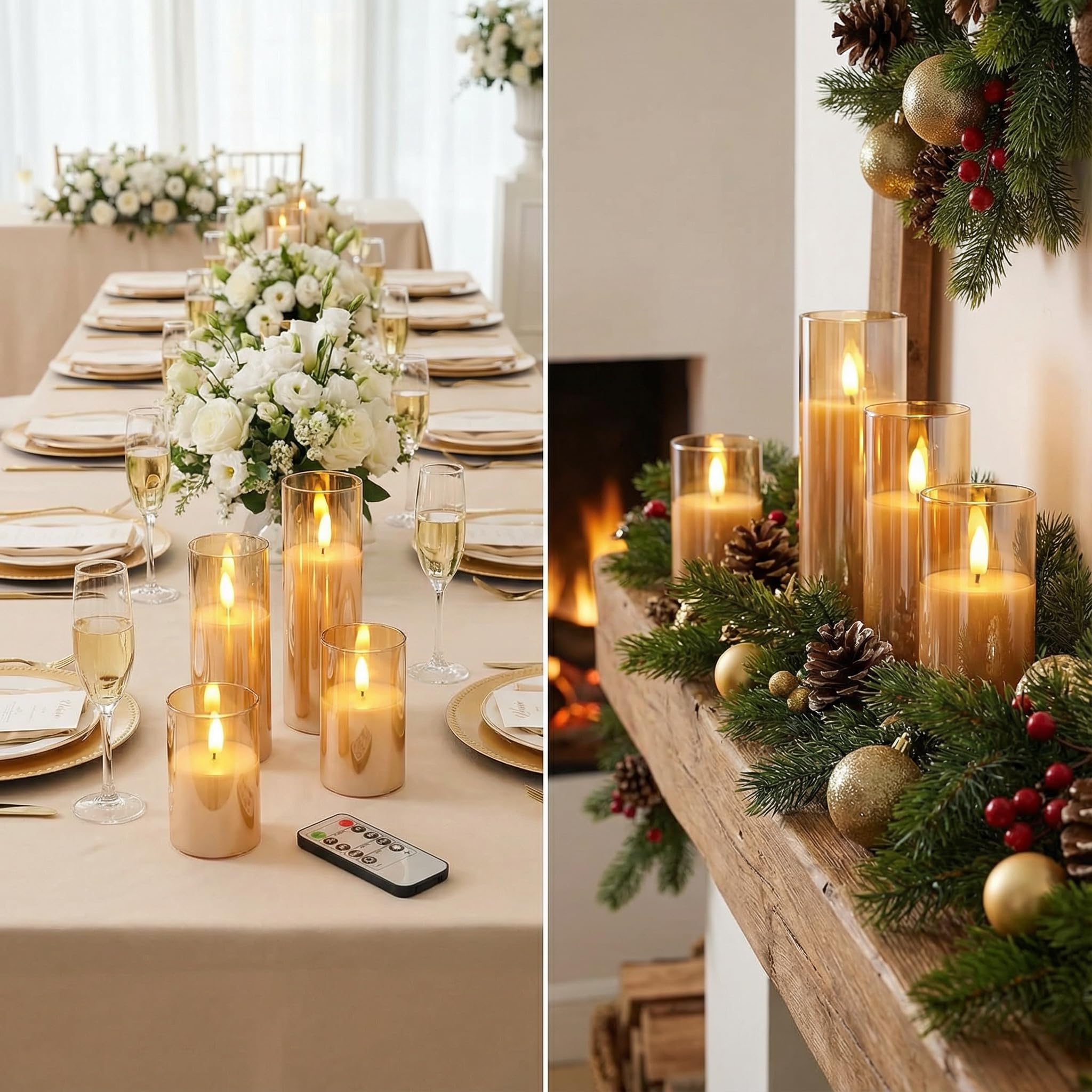 Eywamage Candele LED in vetro oro sottile con telecomando, candele votive a batteria senza fiamma tremolante a forma di cero Φ 2" H 3" 4" 5" 6" 7"