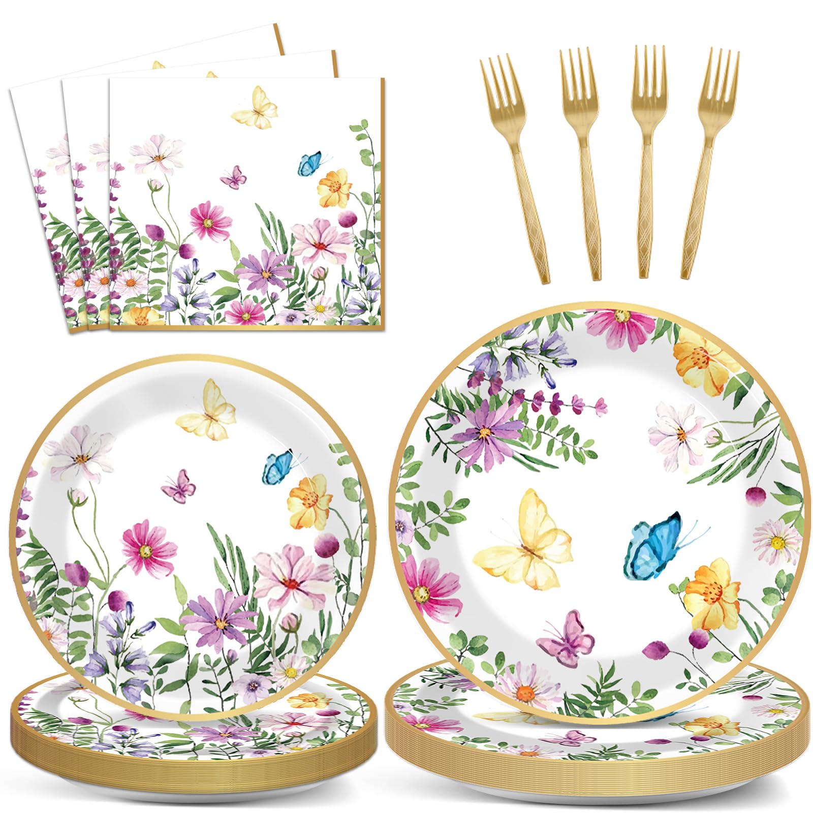 96 Pcs Spring Wildflower Party Decorations for 24 Guests Floral Tableware Plates Napkins Table Decorations Wildflower Dinnerware Party Favor for Birthday Baby Shower Bridal Shower Garden Tea Party