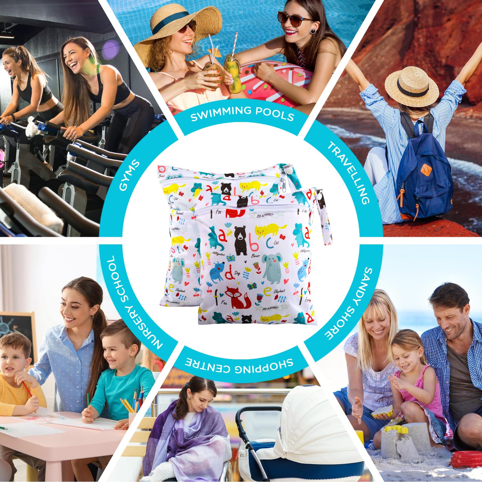 Sac à Couche Imperméable 2 Pièces Pochette Lavable Réutilisable Wet Dry Bag pour Bébé Piscine