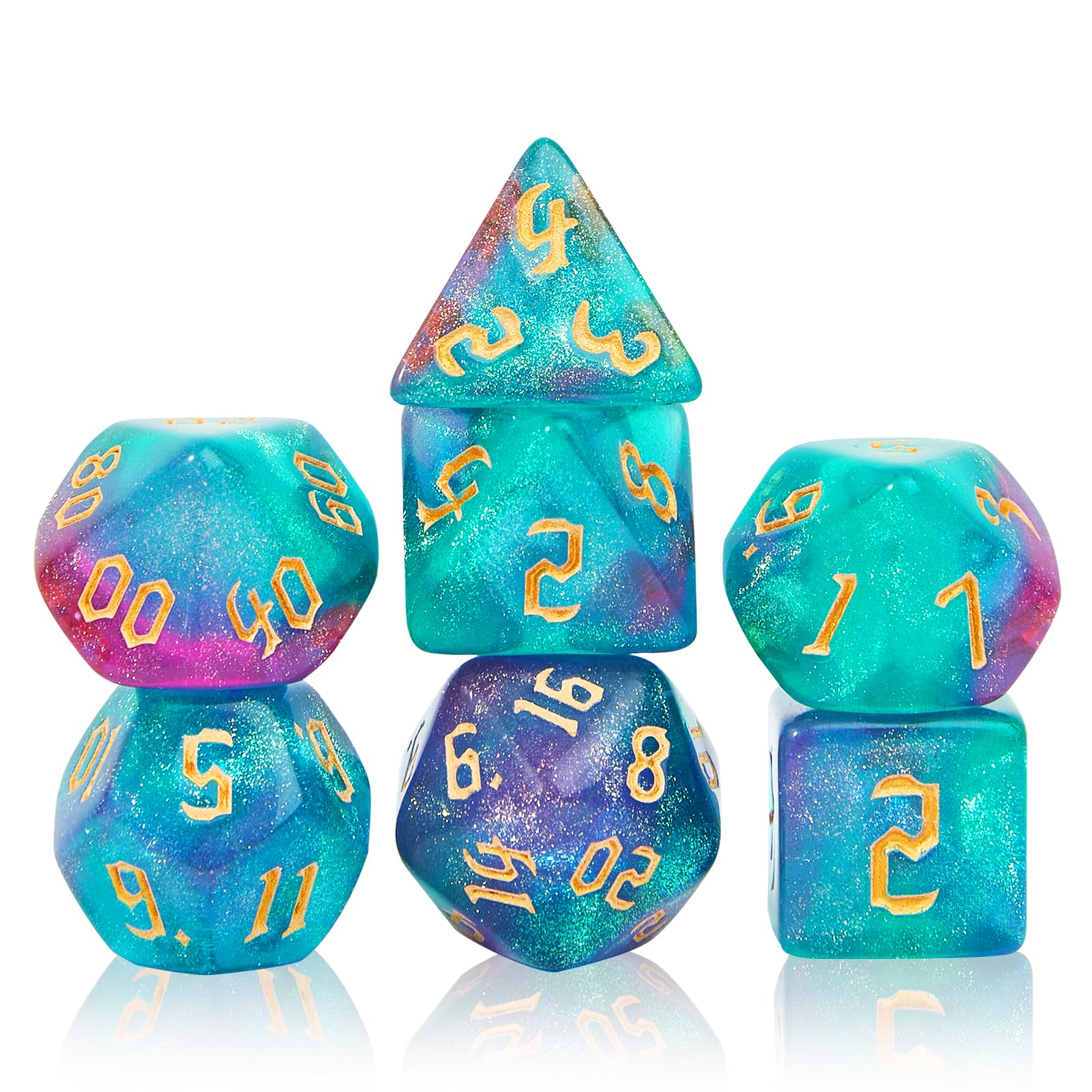 DND Lot de 7 dés polyédriques avec sac à dés noir pour jeux de rôle D&D, RPG, MTG, jeux de table, dés polyédriques pour jeux de Donjons et Dragons (vert et violet + dés nébuleuses)