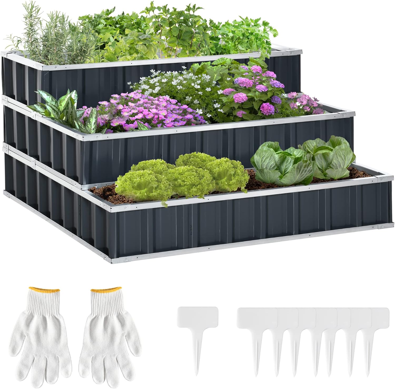 Outsunny Hochbeet aus Stahl 3-stufige Gartenbeet mit T-Form-Pflanzenschilder Handschuhe Pflanzenbeet Kräuterbeet Blumentreppe für 