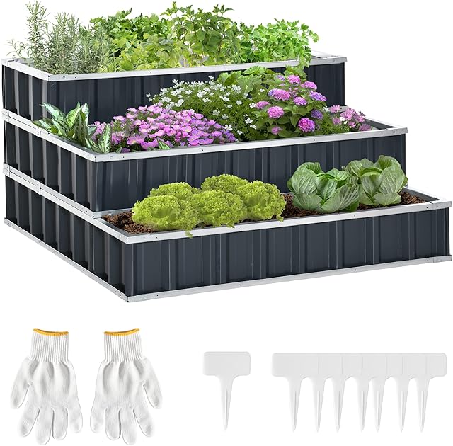 Outsunny Outsunny Hochbeet aus Stahl 3-stufige Gartenbeet mit T-Form-Pflanzenschilder Handschuhe Pflanzenbeet Kräuterbeet Blumentreppe für  — Hochbeete