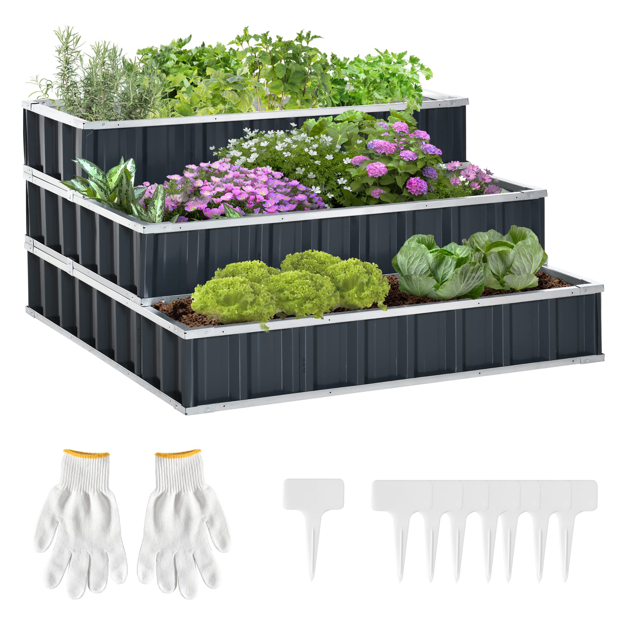 Outsunny 3 Tier Raised Garden Bed Outdoor Metal Patio Planter Box with Gloves, 4' x 4' x 2' for Backyard, Patio to Grow Vegetables, Herbs, and Flowers, Gray