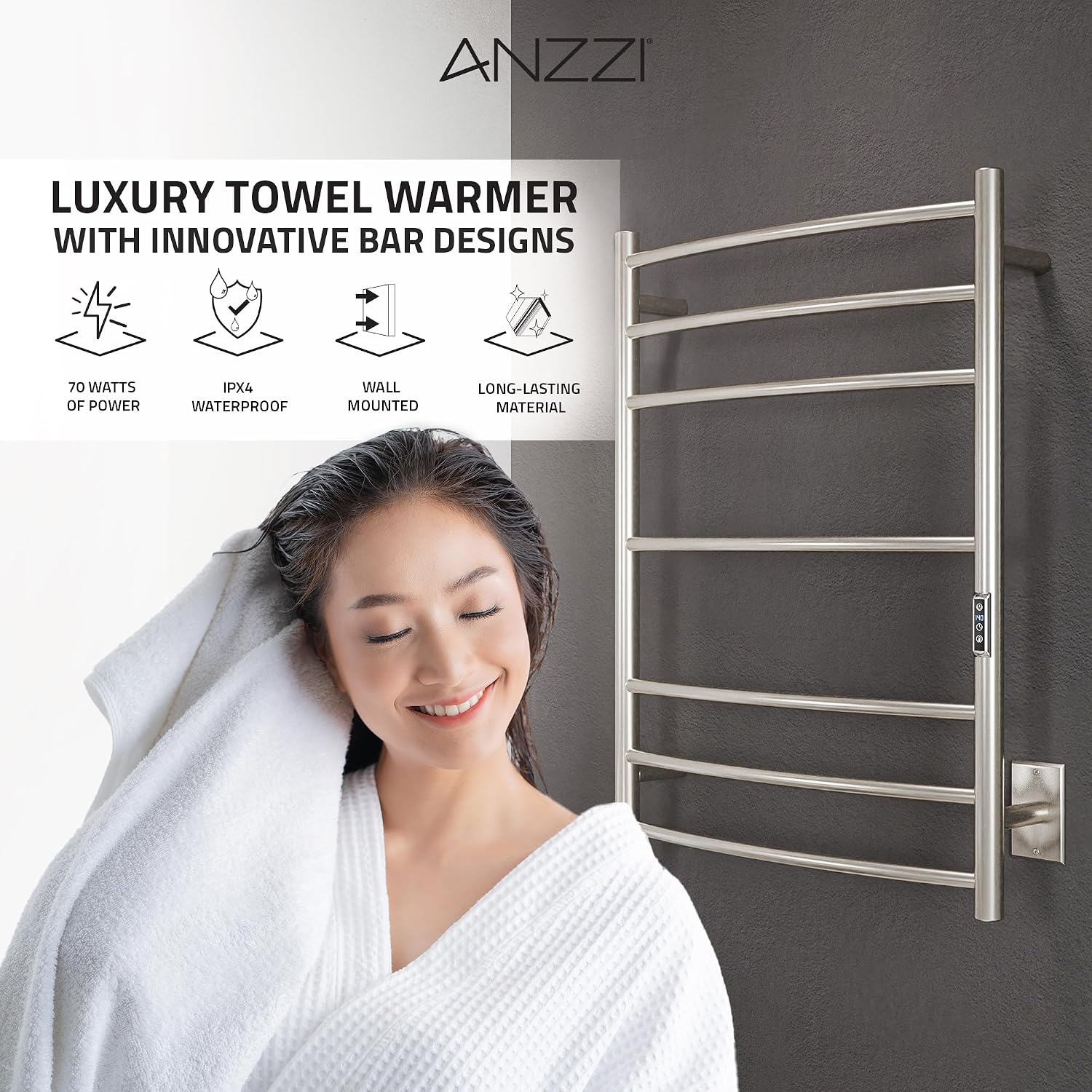 ANZZI Gown 7 Bar Wall Mounted Towel Warmer in Brushed Nickel, Energy
