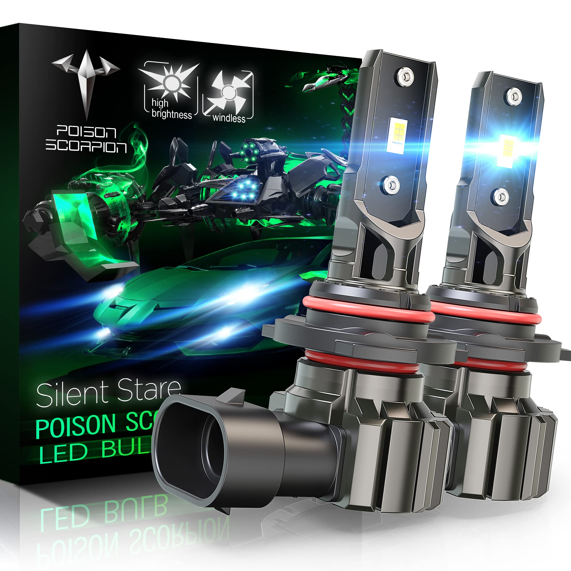POISON SCORPION 9005/HB3 Bulbs,300% Wireless Fanless 1:1 Size 12000LM 9005 Fog Lights HB3 Bulb Plug-N-Play,Pack of 2