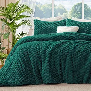 BEDELITE Fluffy King Size Comforter Set - Dark Green Fleece Soft Comforter for King Size Bed, Luxury Warm Bedding Set for Winter, Fuzzy Bed Set 3 Pieces (1 Comforter, 2 Pillowcases)
