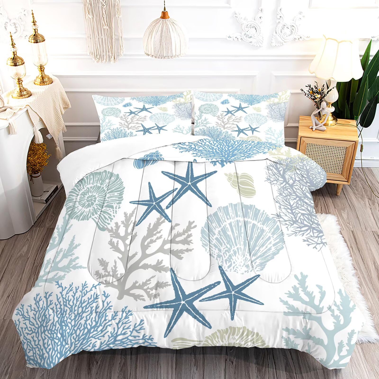 Coastal Comforter Set Twin Size Nautical Bedding for Kids Men Women, Beach Starfish Shell Quilt Bedroom Decor 1 Comforter 2 Pillowcases